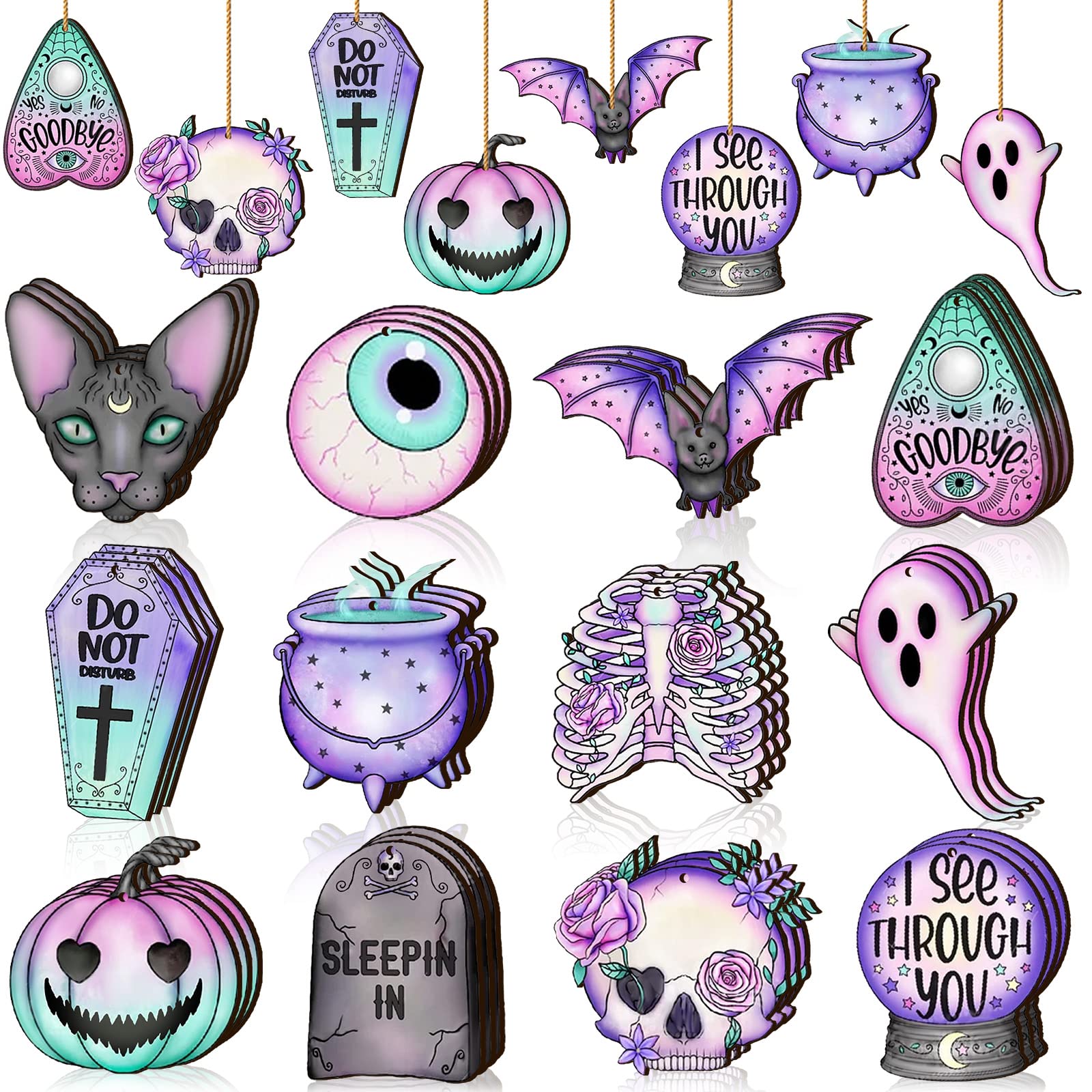 Maitys 36 Pcs Gothic Halloween Wooden Ornaments Pastel Ghost Tree Decorations Horror Creepy Skull Bat Ghost Eyeball Pumpkin Wooden Cutouts Halloween