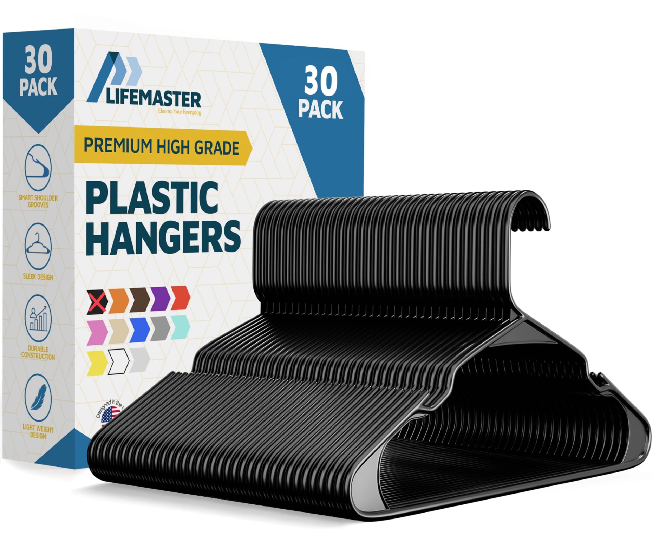 Lifemaster Plastic Clothes Hanger Set - 30 Pieces Versatile, Lightweight, Space-Saving, Non-Slip, Slim Designed, Dry and Wet Clothes Hanger Set - Black