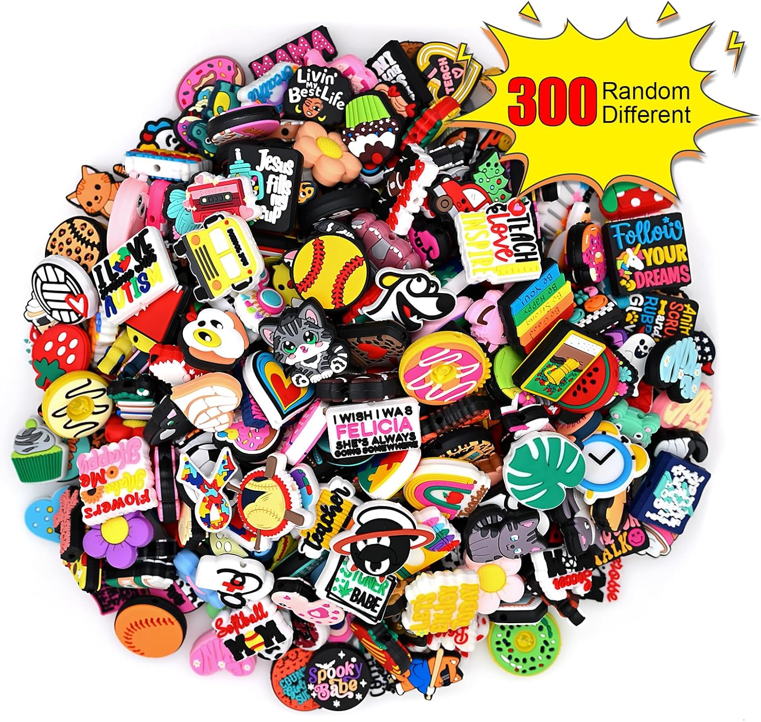 300Pcs Silicone Focal Beads Bulk, Different Random Mix Collections Teacher Character Animal Cartoon Focal Beads for Pens Keychains DIY Jewelry Making