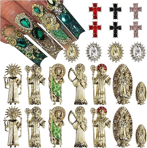 Juego de 24 dijes de uñas 3D de la Virgen María de San Judas, gemas de uñas plateadas doradas, dijes de Buda de metal, joyas de uñas para arte de