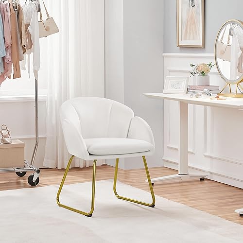 Miniatura 22 de Yaheetech Silla de tocador de terciopelo en forma de flor, sillón lateral moderno, silla de maquillaje sin ruedas con patas de metal dorado para