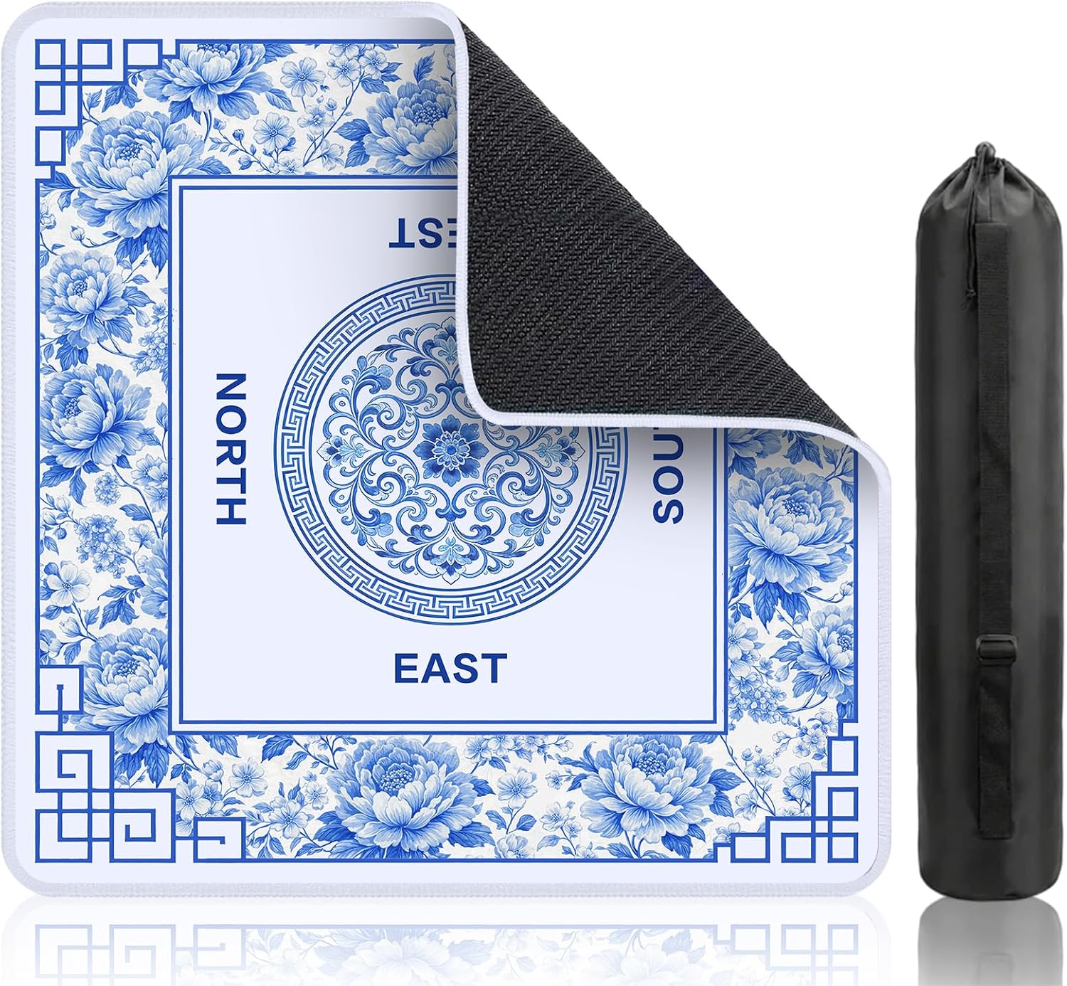 Flowers Mahjong Table Mat, Blue Flower Non-Slip Noise Reduction Mah Jong Mat with Carrying Bag, Game Table Cover for Mahjongs Poker Card, Festival Birthday Gift for Mahjong Lovers, 31x 31In