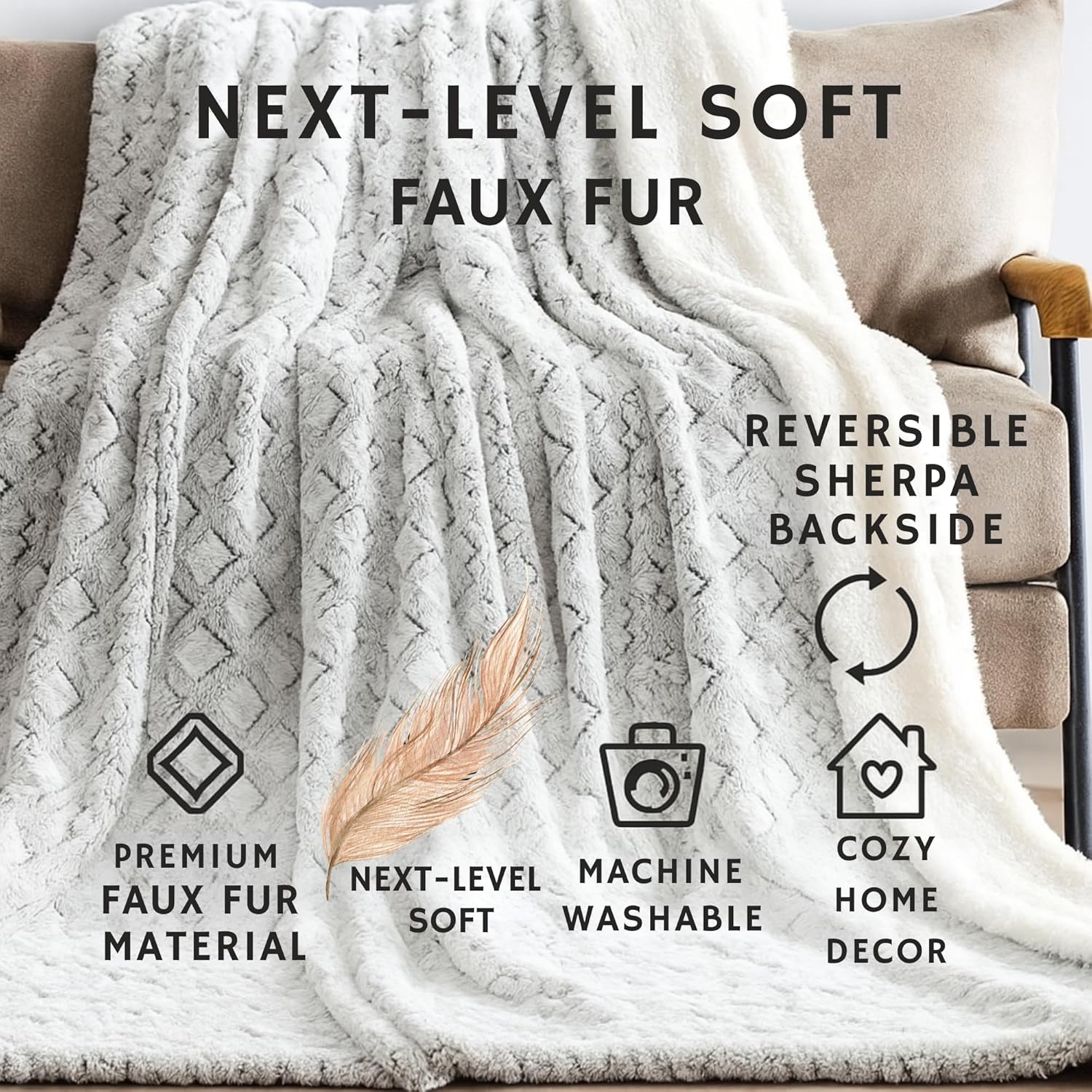 DaDa Bedding Luxury White Faux Fur Throw Blanket - Dreamy Milky Way Cloud Purple Undertone Embossed Sherpa Backside - Super Soft Warm Cozy Plush Fluffy - 50" x 60" - Image 3