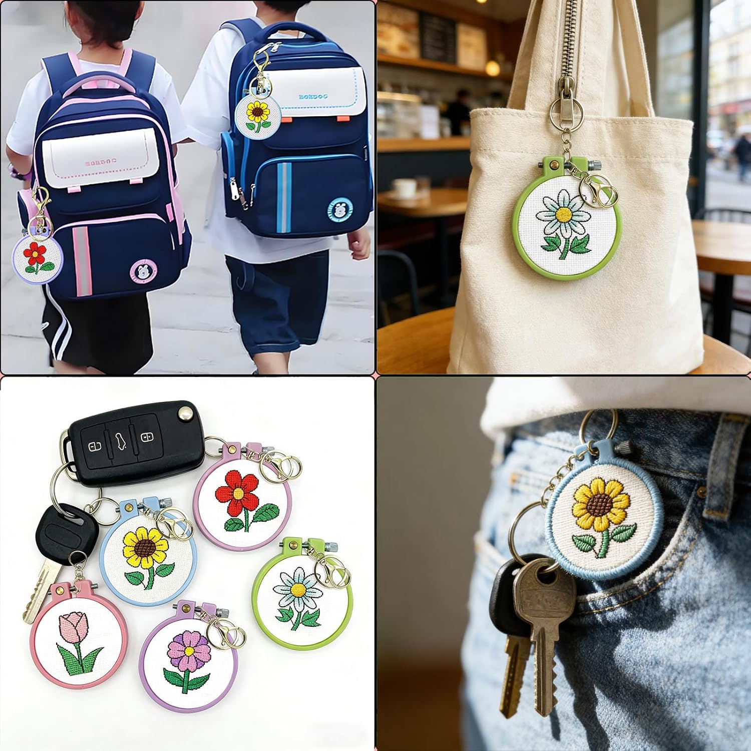Zhenqing 5 Patterns Mini Cross Stitch Keychain Kit, DIY Flower Embroidery Keychain Set with Dual-Function Hoops, Pre-Printed Fabric & Complete Tools for Beginners(70649)