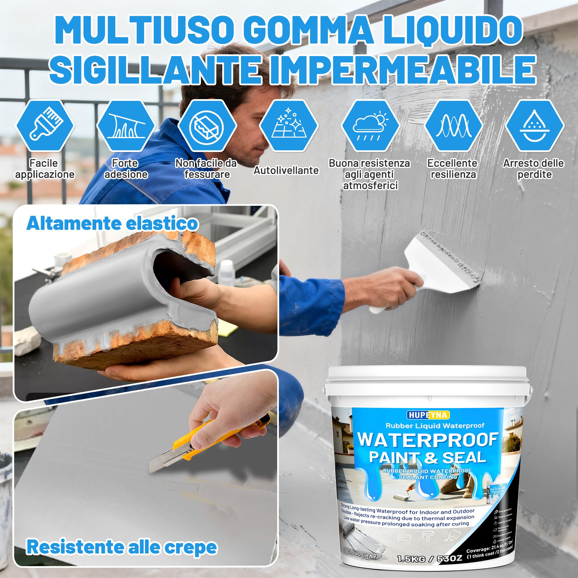 Hupeyna Gomma Liquido Sigillante Impermeabile, Rivestimento Impermeabile | Interno ed Esterno Colla Impermeabile dell'elasticità del Grigio Nube, Multi Superficie Riparazione Crepa Fondamento Tetto