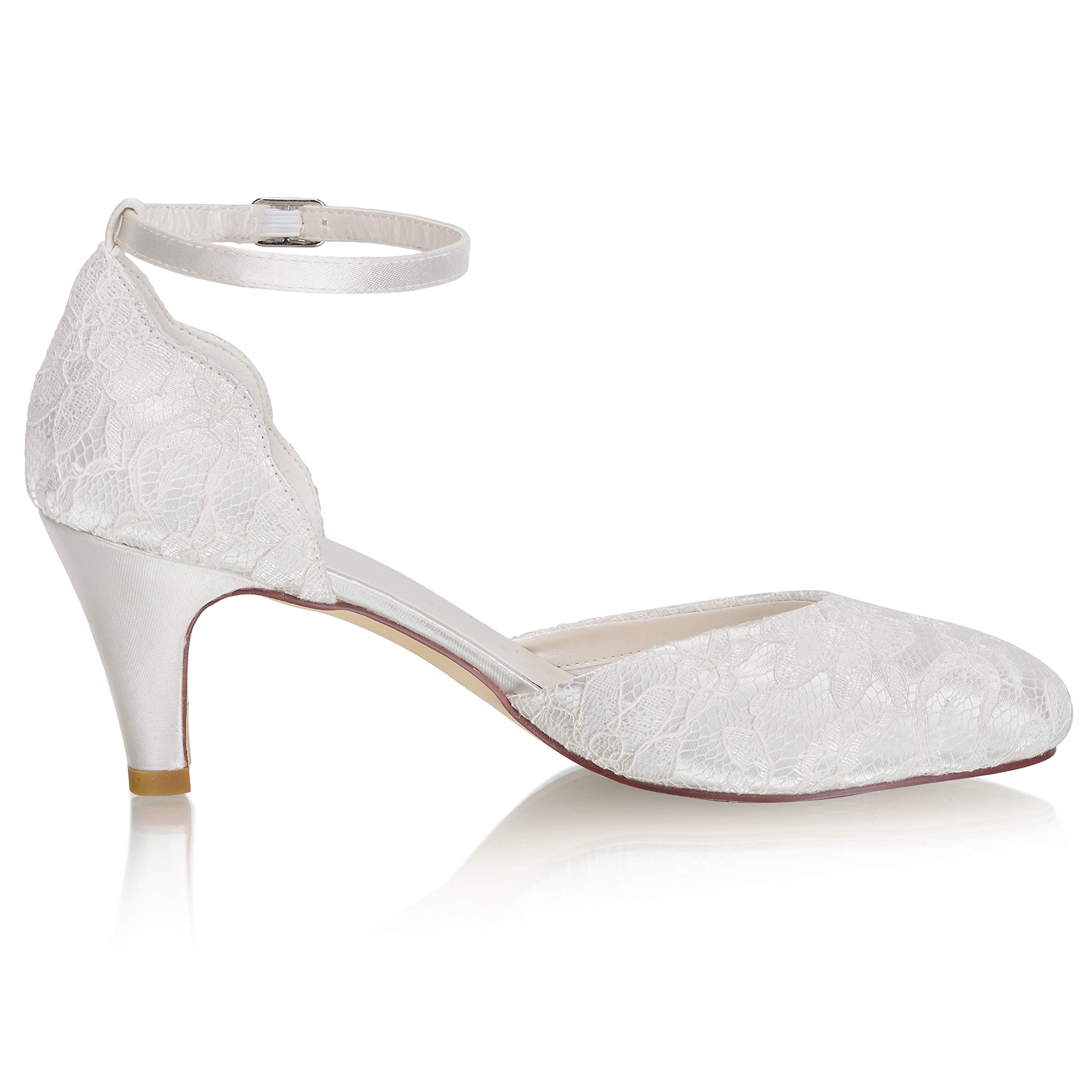 JIAJIA 62373 Damen Memory Foam Brautschuhe Geschlossene Zehe 6,5 cm Stiletto Mittlerer Absatz Spitze Satin Pumps Hochzeitsschuhe
