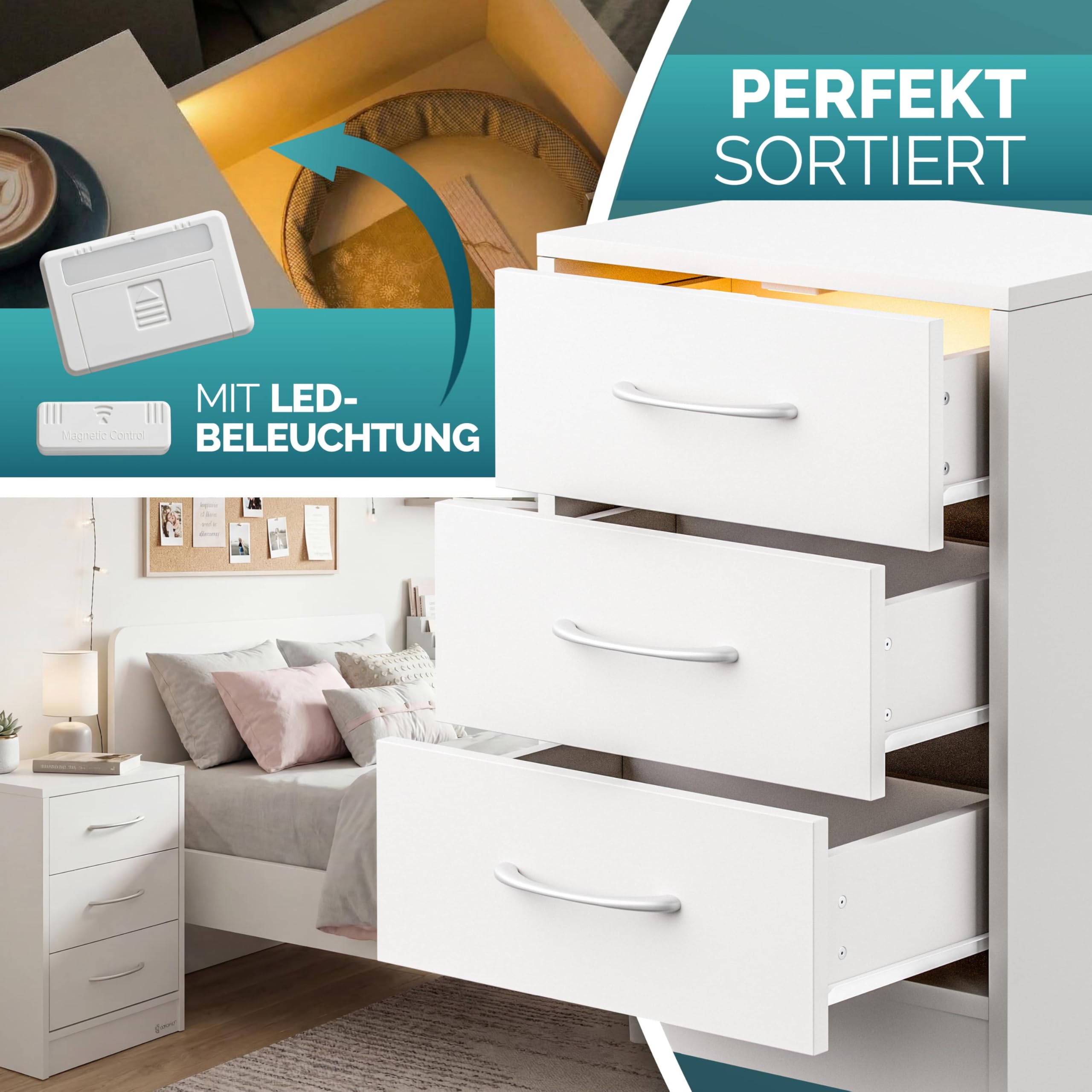 Casaria® Nachttisch Weiß LED 3 Schubladen Kabelführung Wandbefestigung Boxspringbett Schlafzimmer Nachtschrank Nachtkonsole Nachtkommode Holz 54x39x28cm