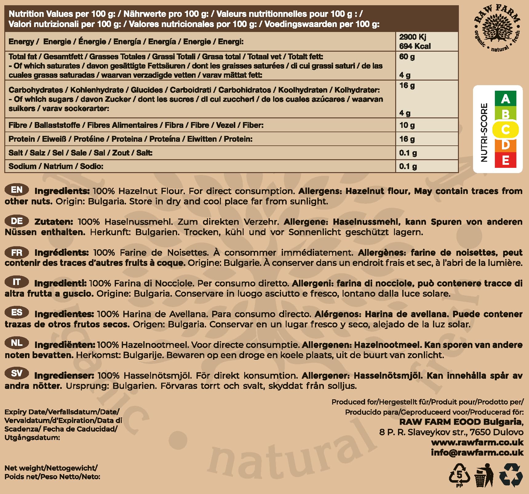 Raw Farm – Farine de Noisette 1 kg – 100% Noisettes Blanchies, Finement Moulue – Sans Gluten, Compatible Keto, Idéale pour Pâtisserie et Cuisine