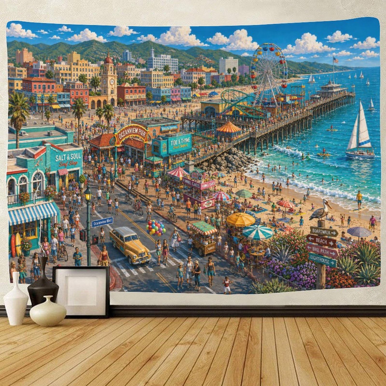 GPMNBCXZK Santa Monica Pier Wall Hanging Decor Tapestry for Bedroom 3D Print California Beach Tapestries Poster Curtain Living Room Dorm 180cmx230cm