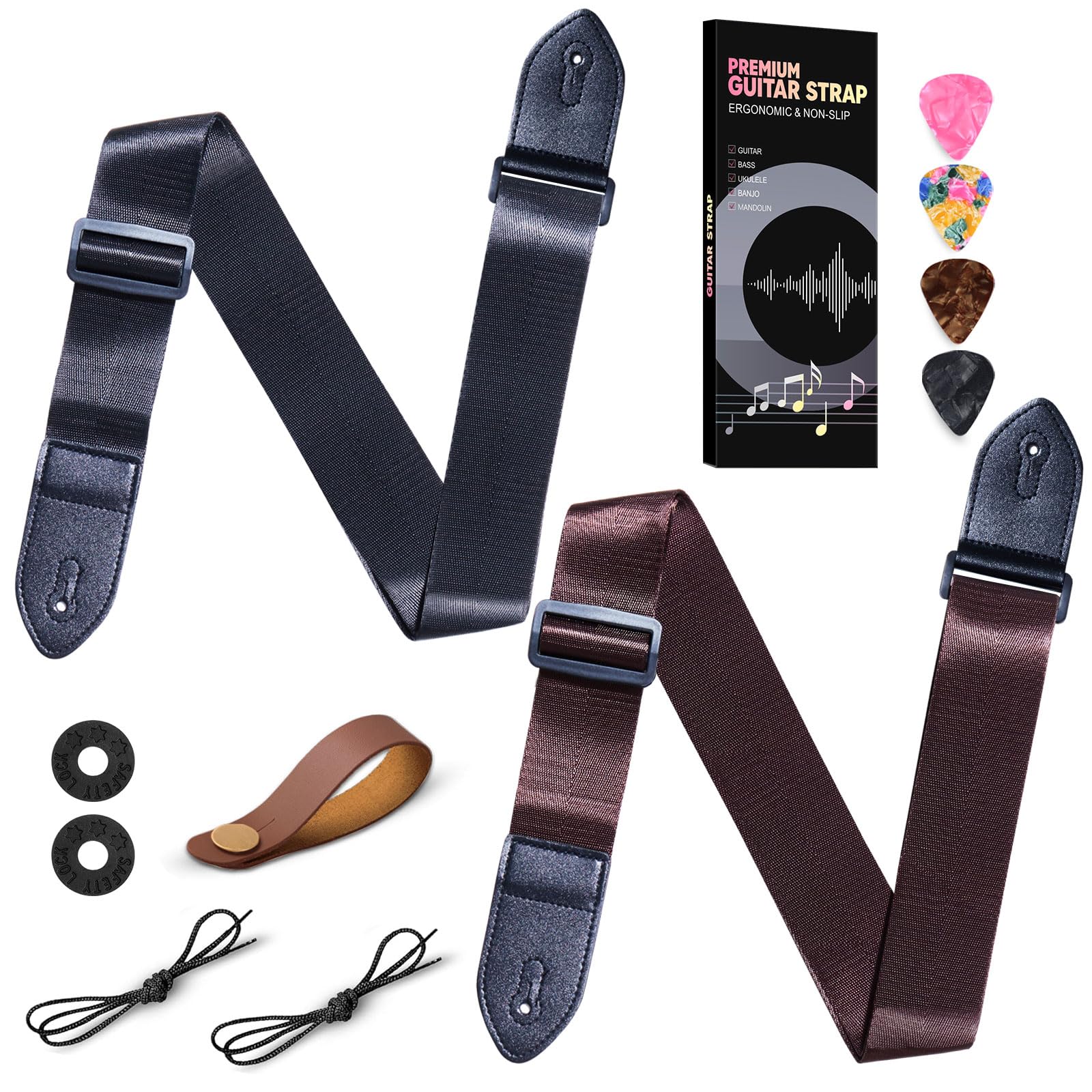 Guitar Strap 2 Pack - Black & Brown Adjustable Thickened Webbing with Leather Buckle for…