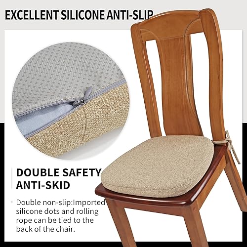 Miniatura 5 de Paquete de 6 cojines de espuma viscoelástica para sillas de comedor, de lino original de 16 pulgadas, cómodos cojines de asiento antideslizantes