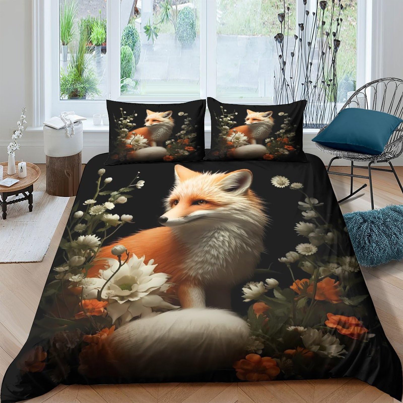 GPLZQXKJNH 3D Printed Fox Floral Duvet Cover Microfiber Soft Breathable Bedding Set with 2 Pillowcases for Bedroom Decor Single（135x200cm）