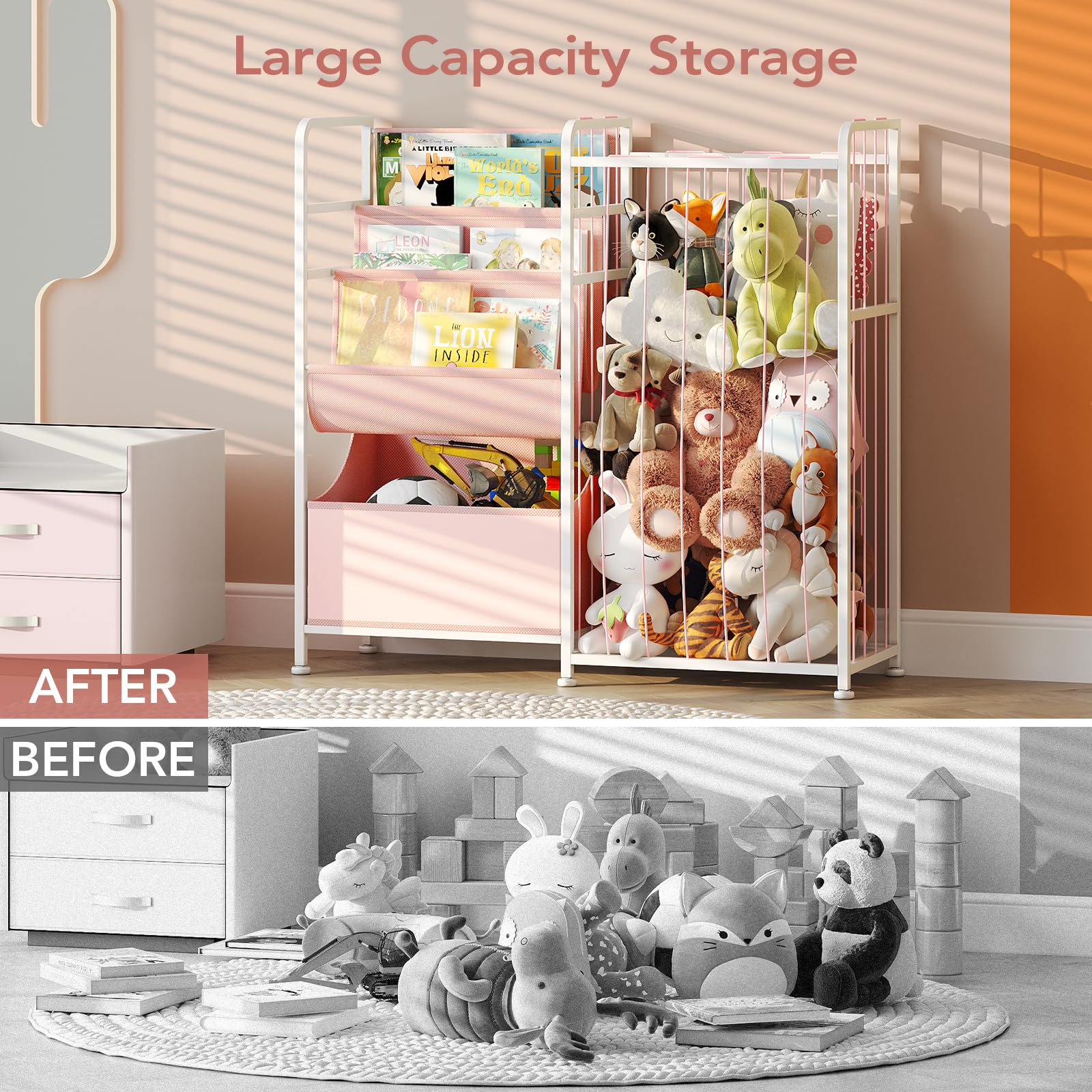 Estantería para niños y almacenamiento de animales de peluche, estantes multifuncionales para libros de guardería con caja de juguetes de cuero y exhibición de libros de PVC, organizador de 3