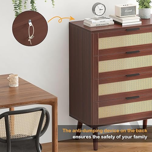 Miniatura 7 de SogesHome Armario de almacenamiento de ratán de 4 niveles para el hogar, armario de cocina con puerta, aparador natural con 4 cajones, armarios de