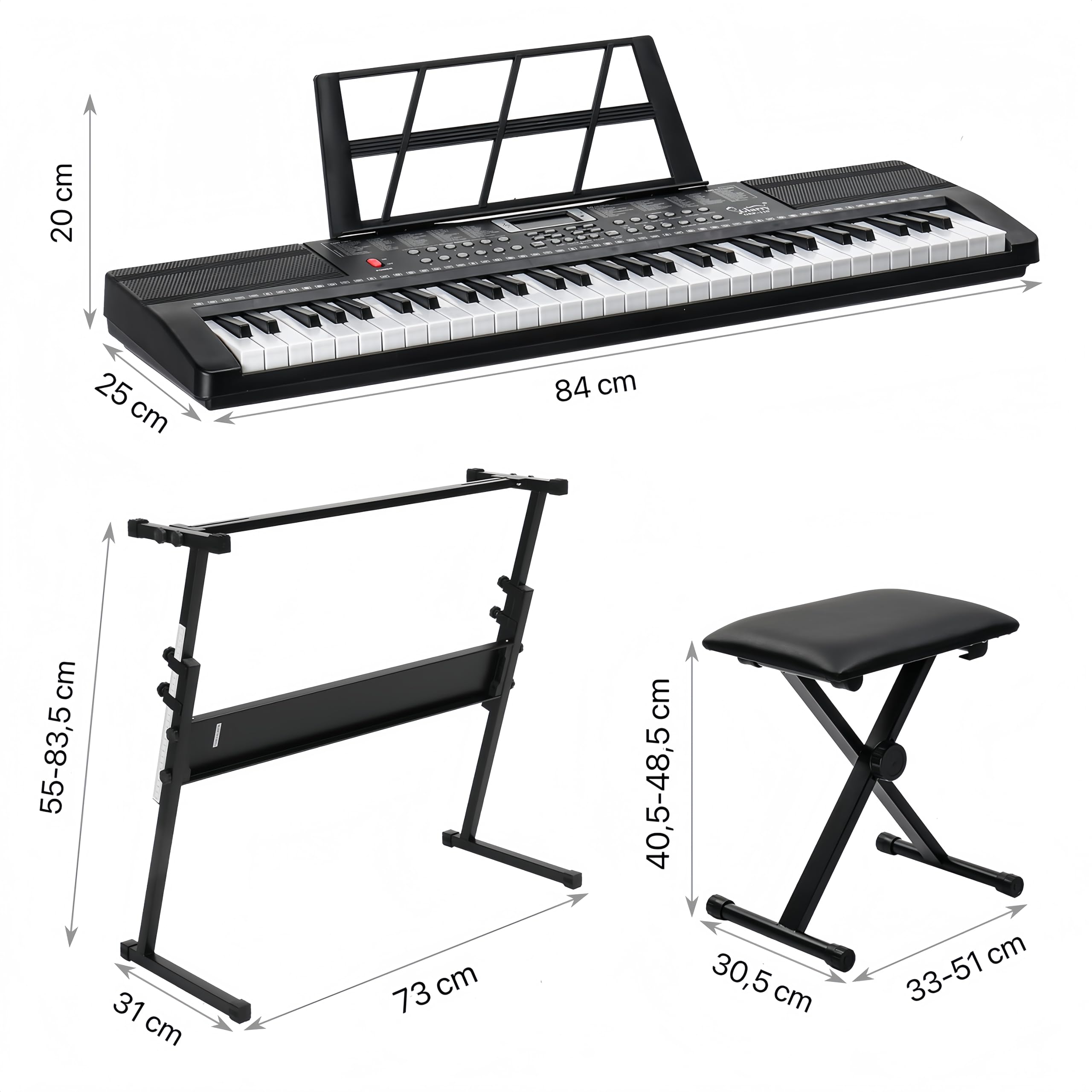 Bonnlo 61-Tasten Keyboard Piano Set mit Klavierständer & -hocker, 200 Klangfarben, 200 Rhythmen und 60 Demosongs, Digitalpiano tragbar, LED-Bildschirm mit 3 Lehrmodi, Schwarz