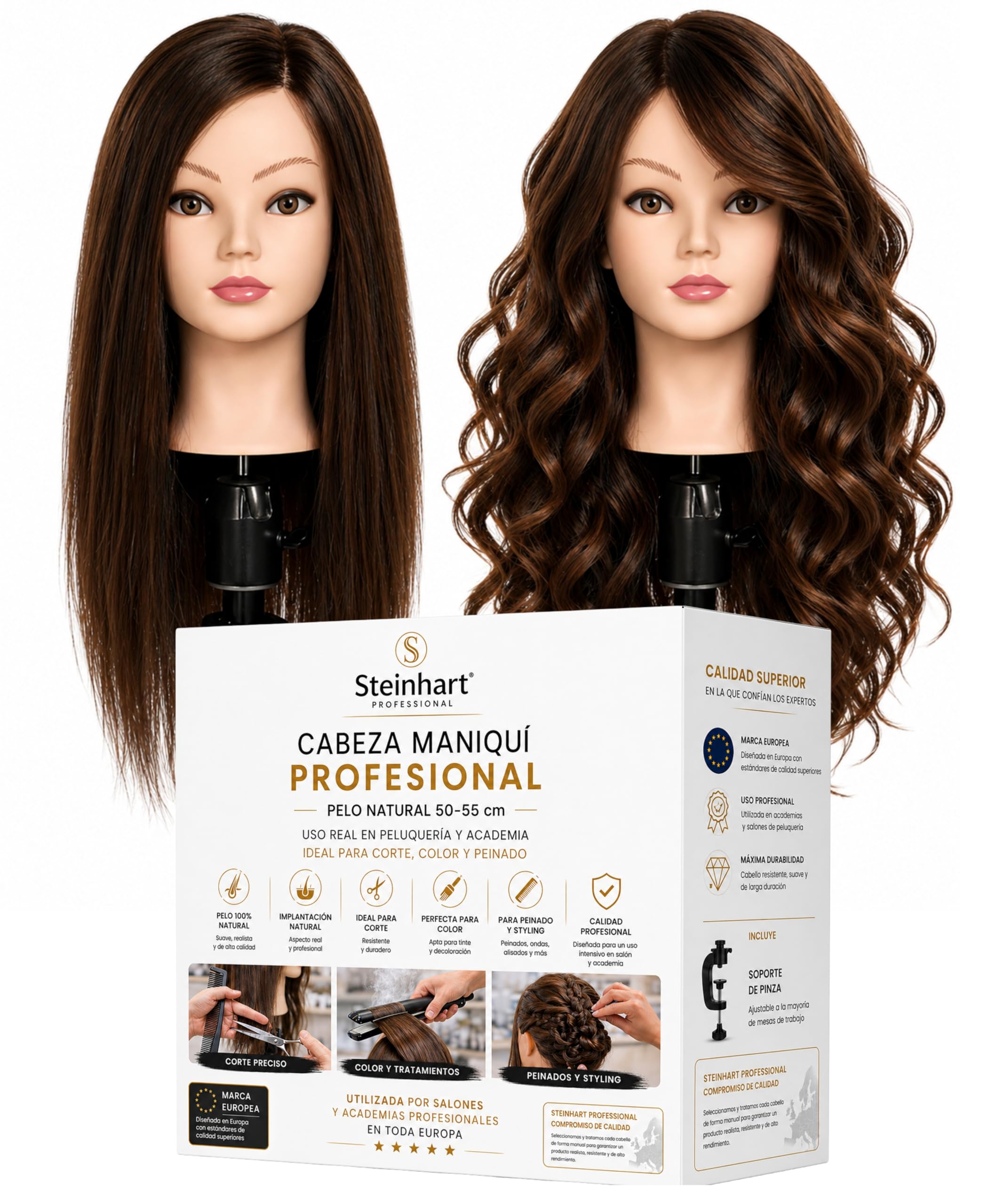 Cabeza Maniquí Profesional Pelo Natural 50-55 cm con Soporte | Uso Real en Peluquería y Academia – Ideal para Corte, Color y Peinado