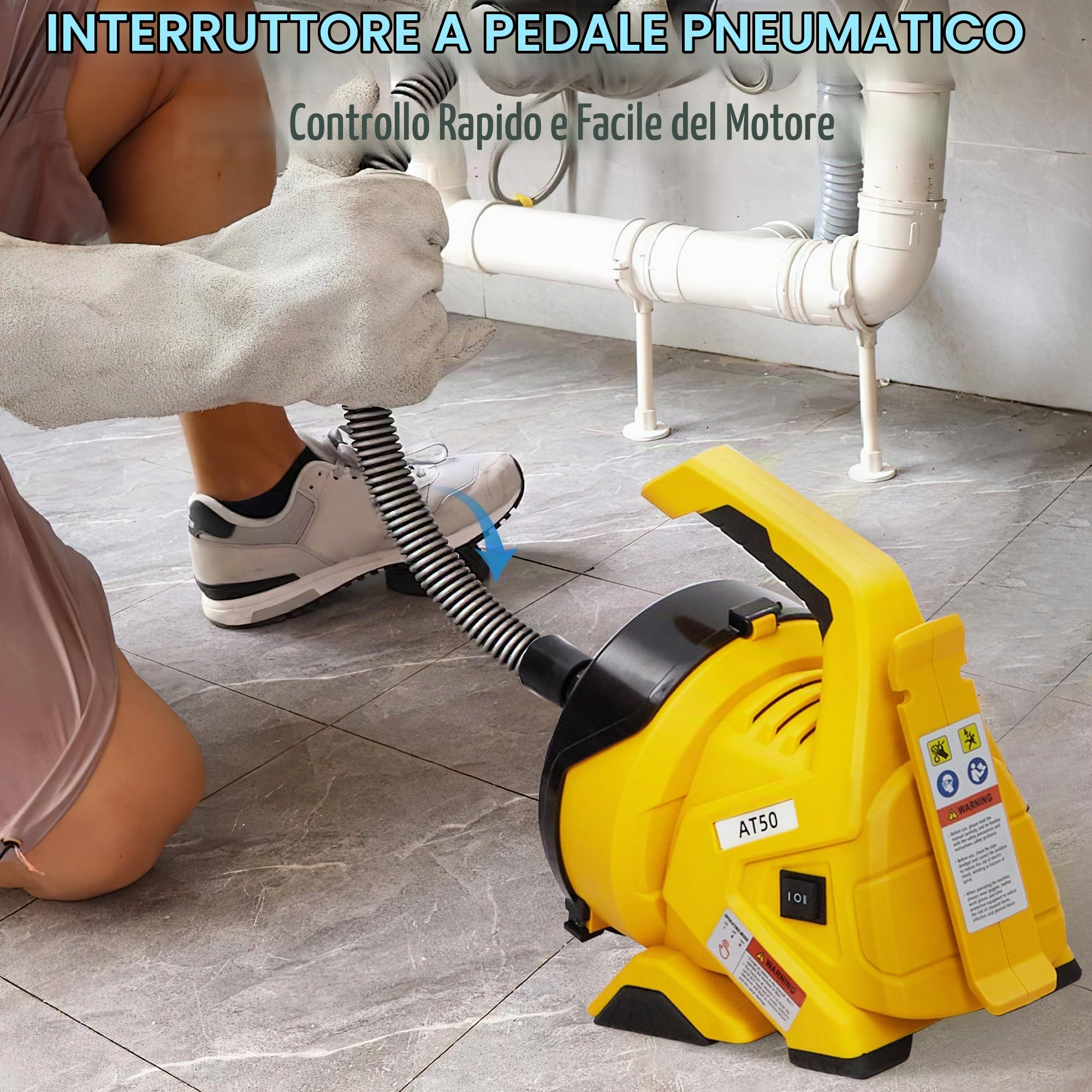 Sturatore Elettrico Professionale per Tubi, 9m/30Ft Cavo Rinforzato, Pedale di Comando, Ideale per Scarichi da 3/4" a 2", Perfetto per Lavandini, WC, Docce, Scarichi a Pavimento