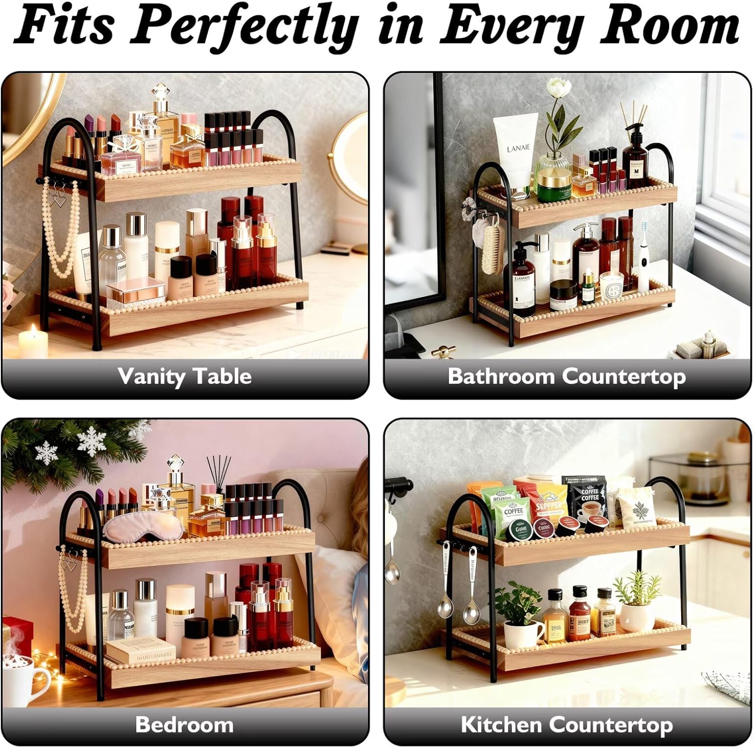 2-Tier Perfume & Makeup Organizer with 8 Jewelry Hooks, Eco-Coated Paulownia Wood Vanity Tray for Bathroom, Coffee Bar & Dresser - Large Storage Shelf for Skincare Bottles (Light Brown & Black)