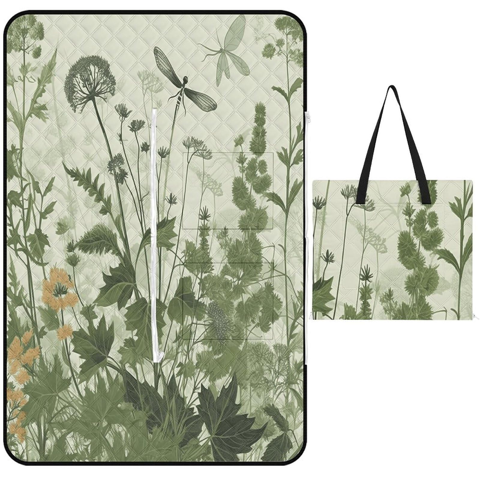 Foliage And Herbs with Dragonflies Winged Picnic Mat 150x100cm Extra Large Picnic Blanket with Zipper Waterproof Sandproof Beach Blanket Portable Beach Mat Foldable Camping Blankets for Park Grass Law