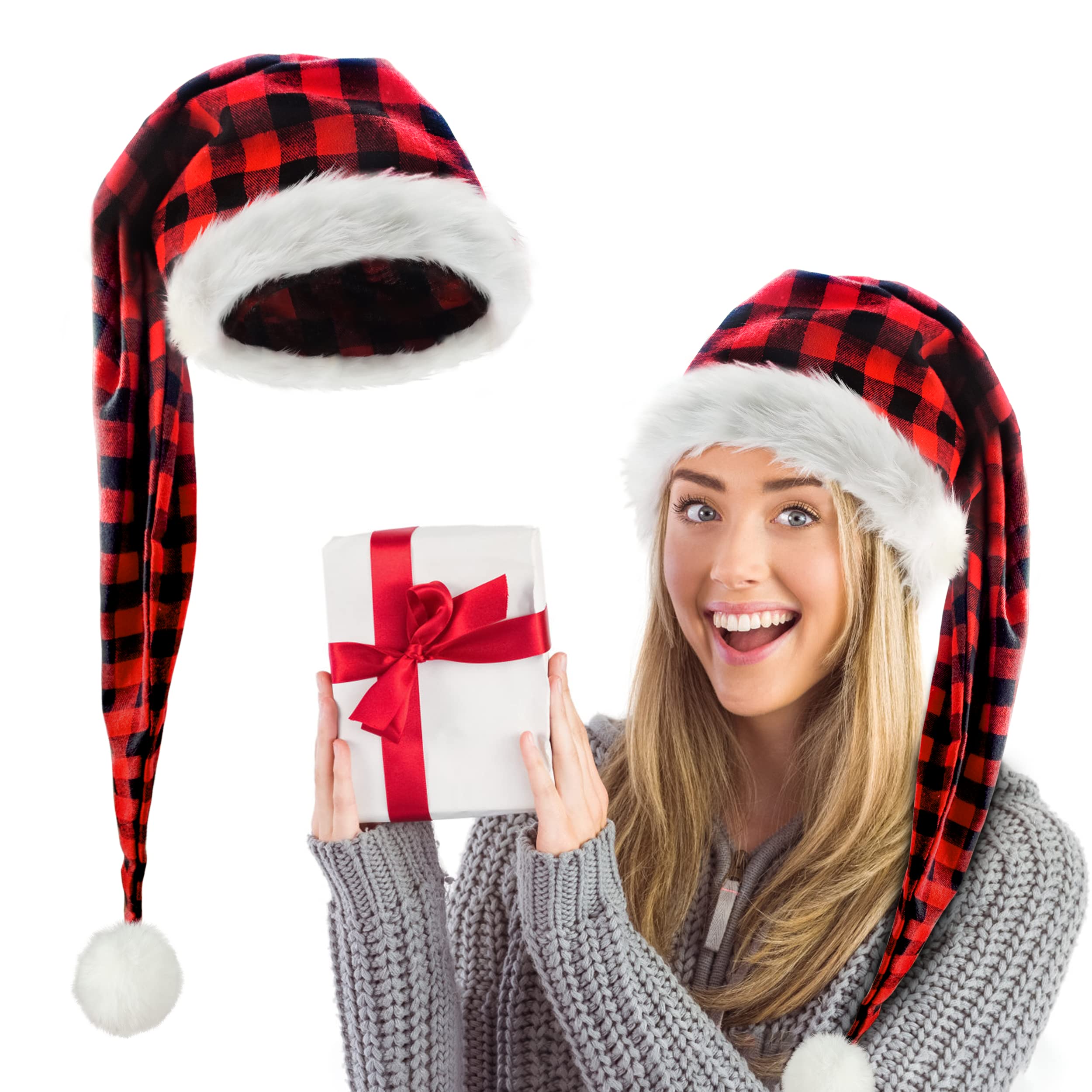 algpty Long Santa Hat for Adult | Red Buffalo Plaid Christmas Hats,Xmax Holiday Hats for Party, Fluffy Plush Santa Claus Hats
