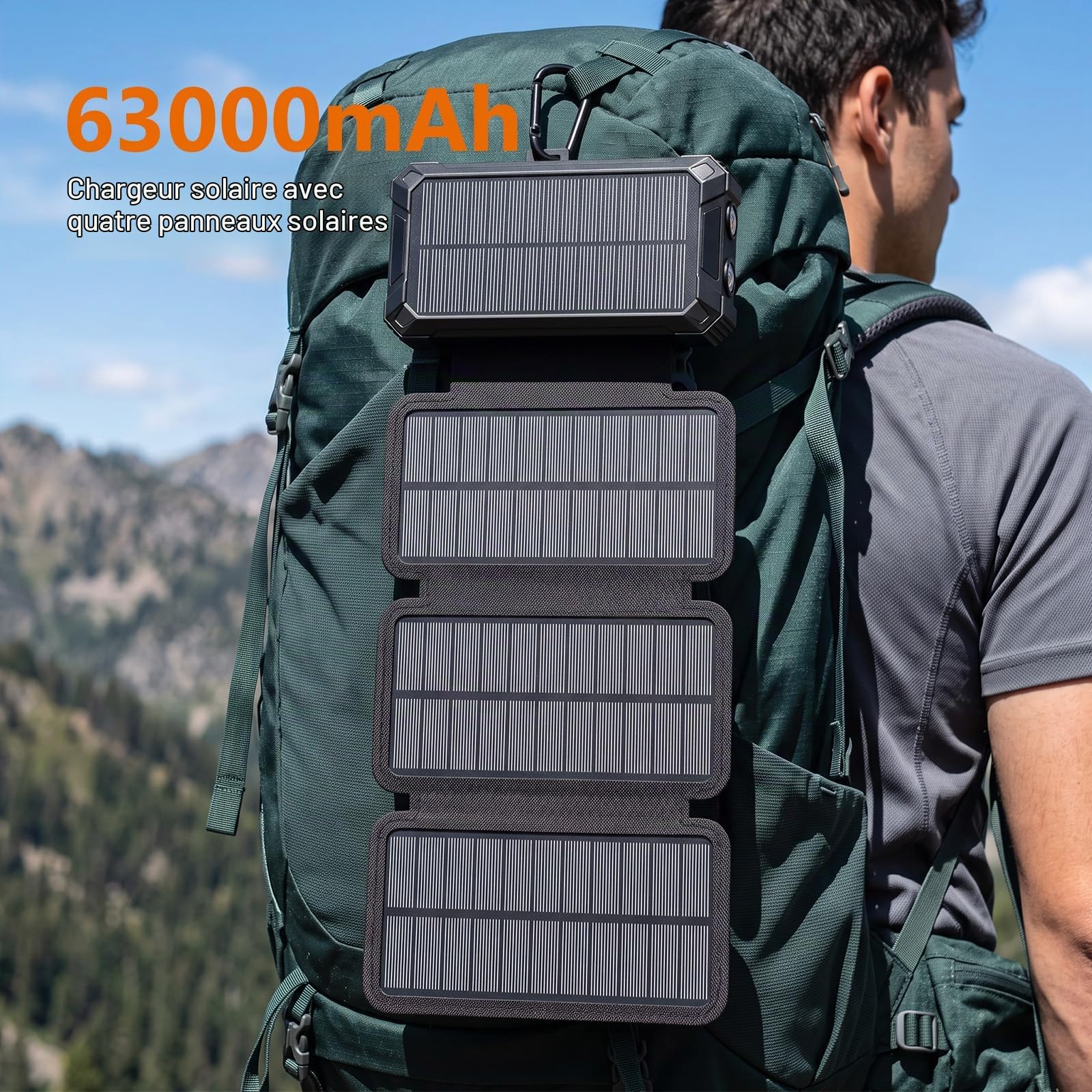 Batterie Externe Solaire 63000mAh chargeur portable sans fil avec 4 câbles, PD QC 3.0 chargement rapide, lampes à poche pour camping