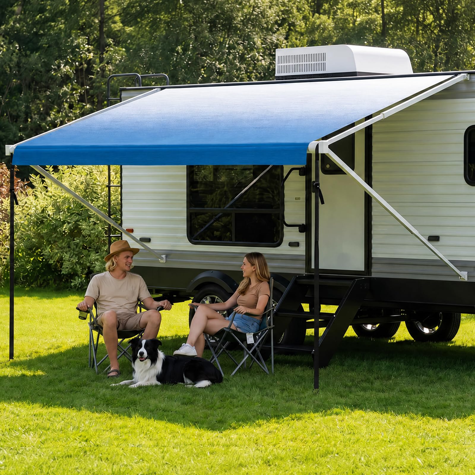 Fonzier RV Awning Fabric Replacement, 19.5oz Heavy Duty Vinyl, with Tie Down Kits & 7 Hooks & Pull Strap for Trailer Camper Awning- 13'(Fabric 12'2"), Blue Fade