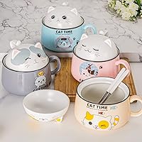 Vista 6 de Juego de tazones para ramen con palillos, lindos tazones de fideos ramen instantáneos con diseño de gato con tapa, tazones de cerámica extra grandes