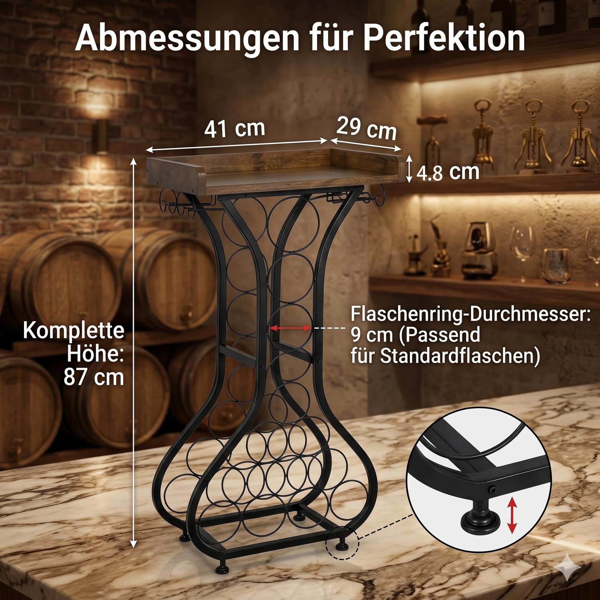 Weinregal Freistehend für 14 Flaschen, Weinflaschenhalter aus Metall mit Glashalter für 4 Gläser und Holzplatte, Flaschenregal Weinständer im Vintage-Design für Küche, Wohnzimmer, Hausbar