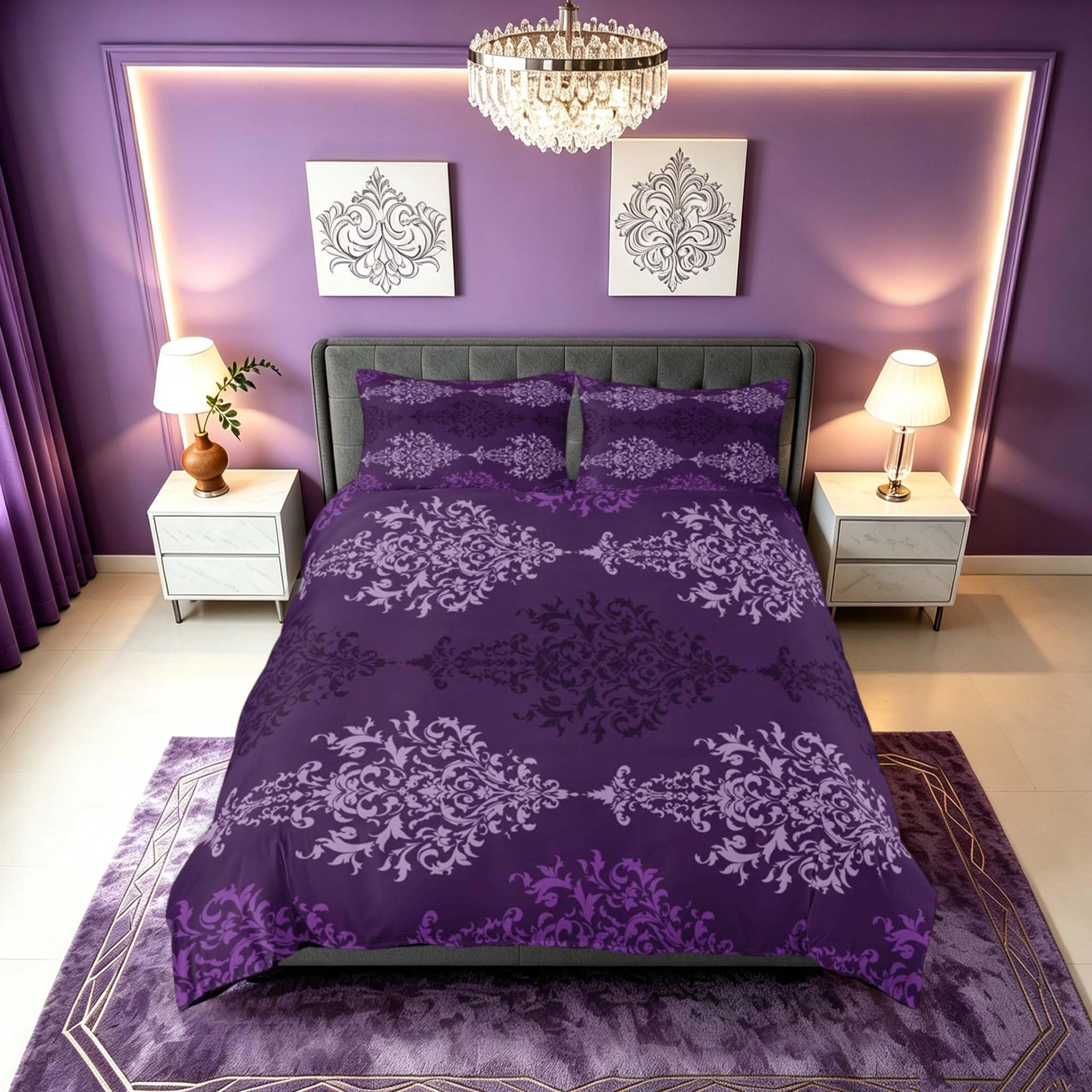 Housse de couette violette avec taie d'oreiller motif damassé floral pour lit double