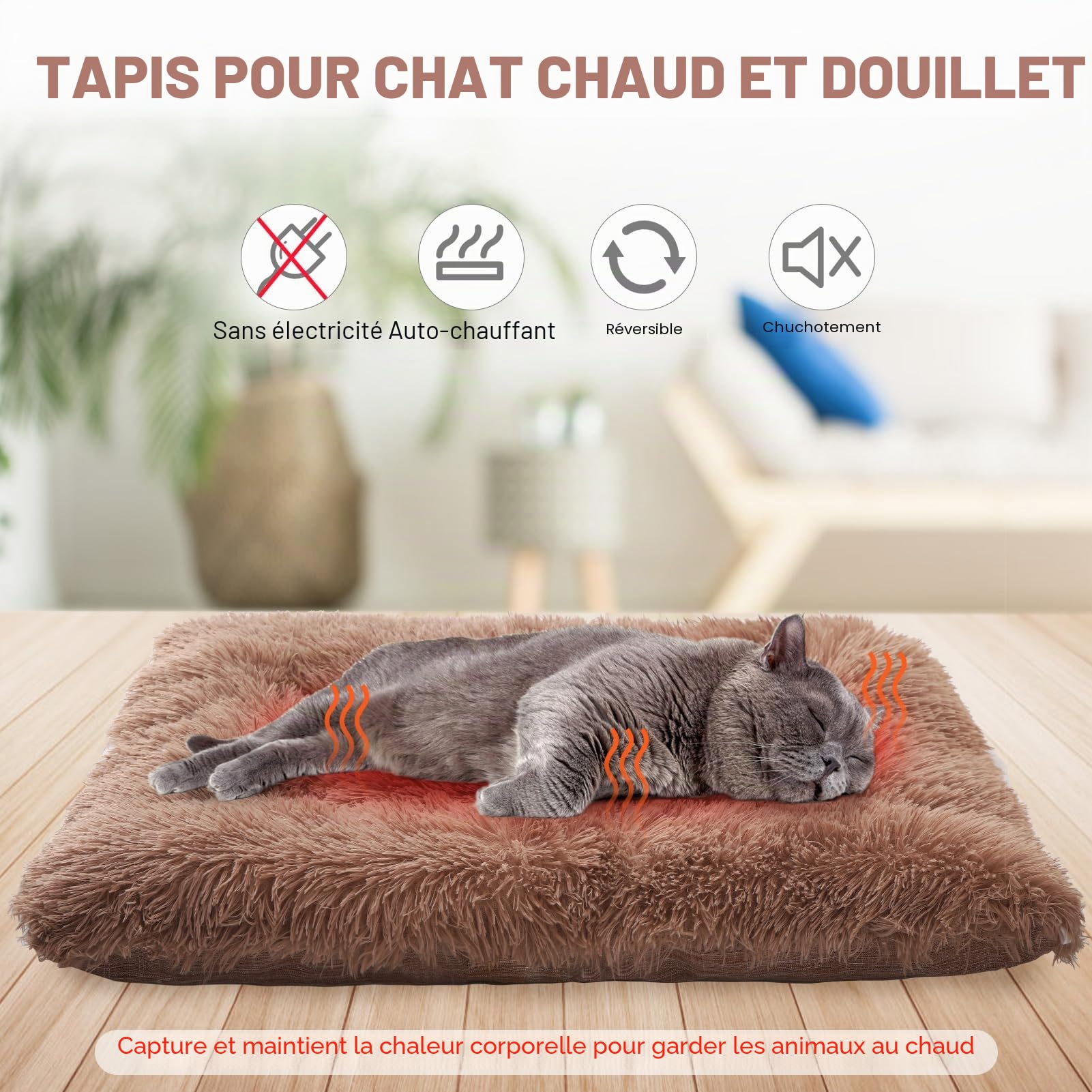 SCENEREAL Lit auto-chauffant pour chat et petit chien, 2 en 1 en peluche douce et lavable pour intérieur et extérieur, marron, 71,1 x 61 cm