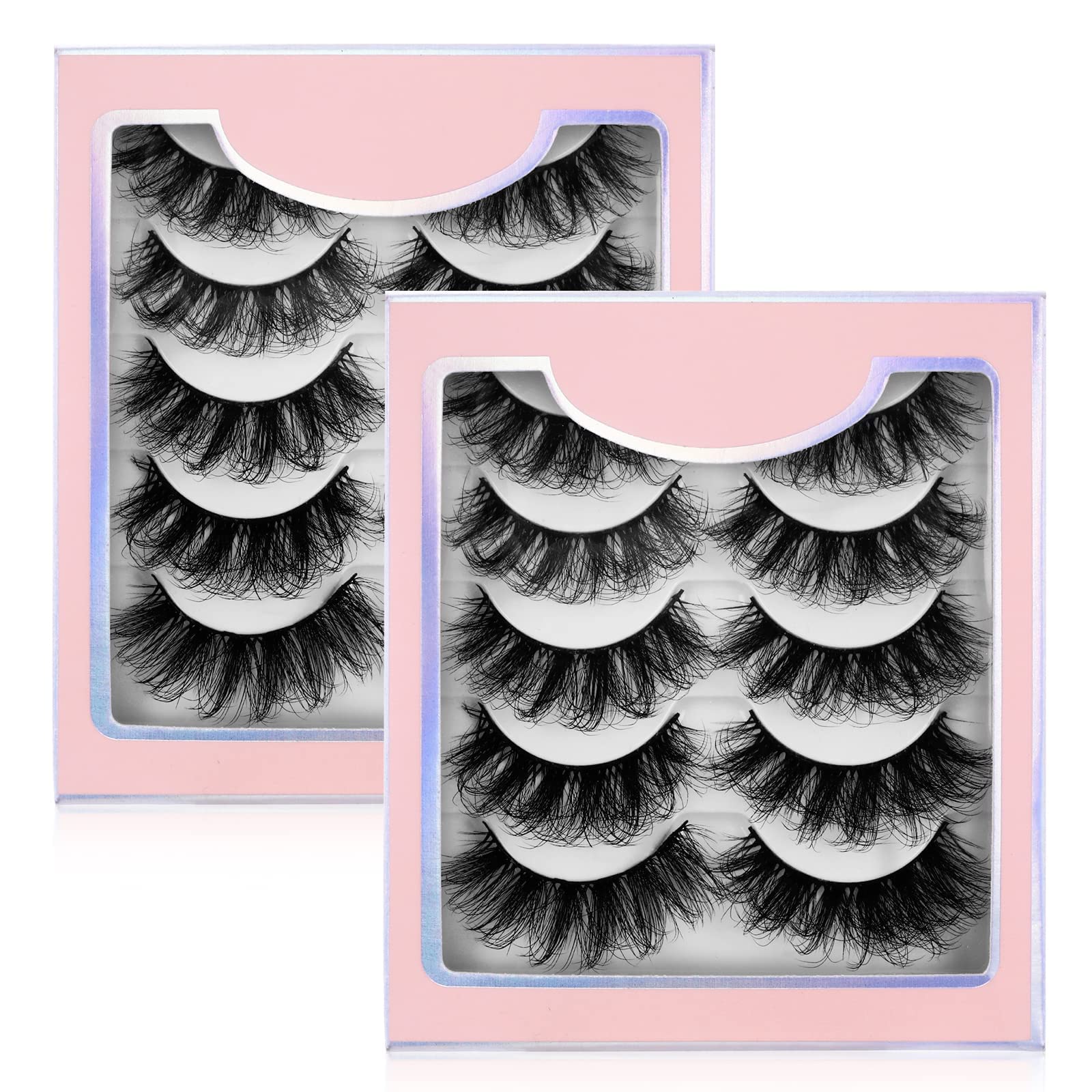 SibbaMulti-layered 5D Lashes False Eyelashes 10 Pairs Dramatic 20 mm Faux Mink Fake Lashes Pack Wispy Long Thick High Crossed Volume Fluffy Eyelash Extension Strip Eye Makeup,black,5 Pair,Pack of 2