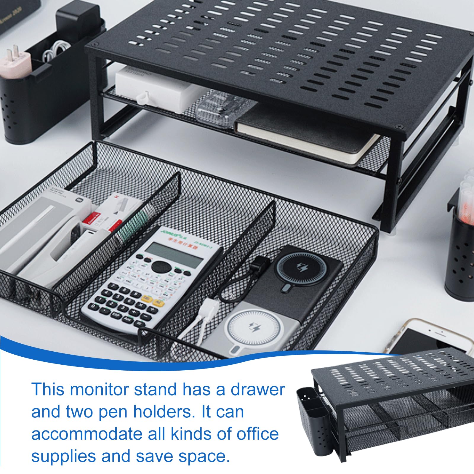 Supporto per monitor, organizer da scrivania con cassetto e 2 portapenne, rialzo monitor, altezza dello schermo 48,5 x 25 x 15 cm, con passacavo per laptop, computer, notebook, PC (nero)