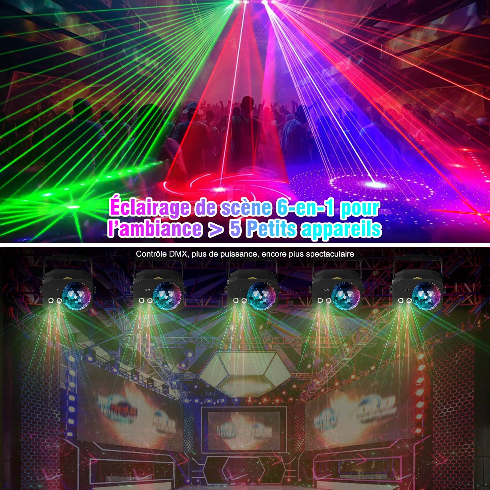Fwiull 6-en-1 Jeux de Lumière Soiree Professionnel avec Télécommande, Effets RGB UV avec Stroboscope Doré, Contrôle DMX et Sonore, Lampe de Scène pour Fête, DJ, Club, Halloween, Noël