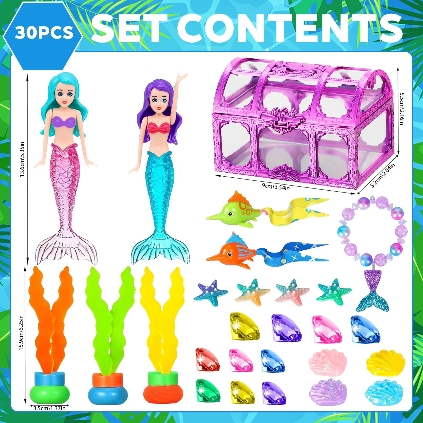 YOUYIKE 30 Pezzi Giocattolo Subacqueo per Bambini, Giocattolo Piscina Sirena con Diamanti Colorati con Scrigno, Alghe, Sirene, Braccialetto per Feste in Piscina, Giochi in Spiaggia, Cacce al Tesoro