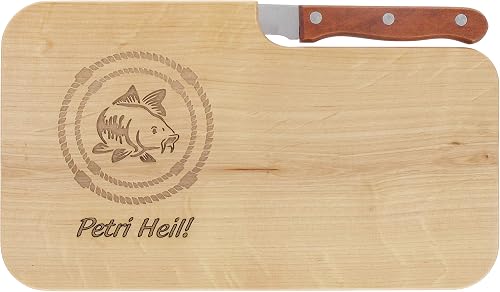 LASERHELD | Brotzeitbrett Holz mit Gravur “Petri Heil" & Messer | 26 x 15 cm | F