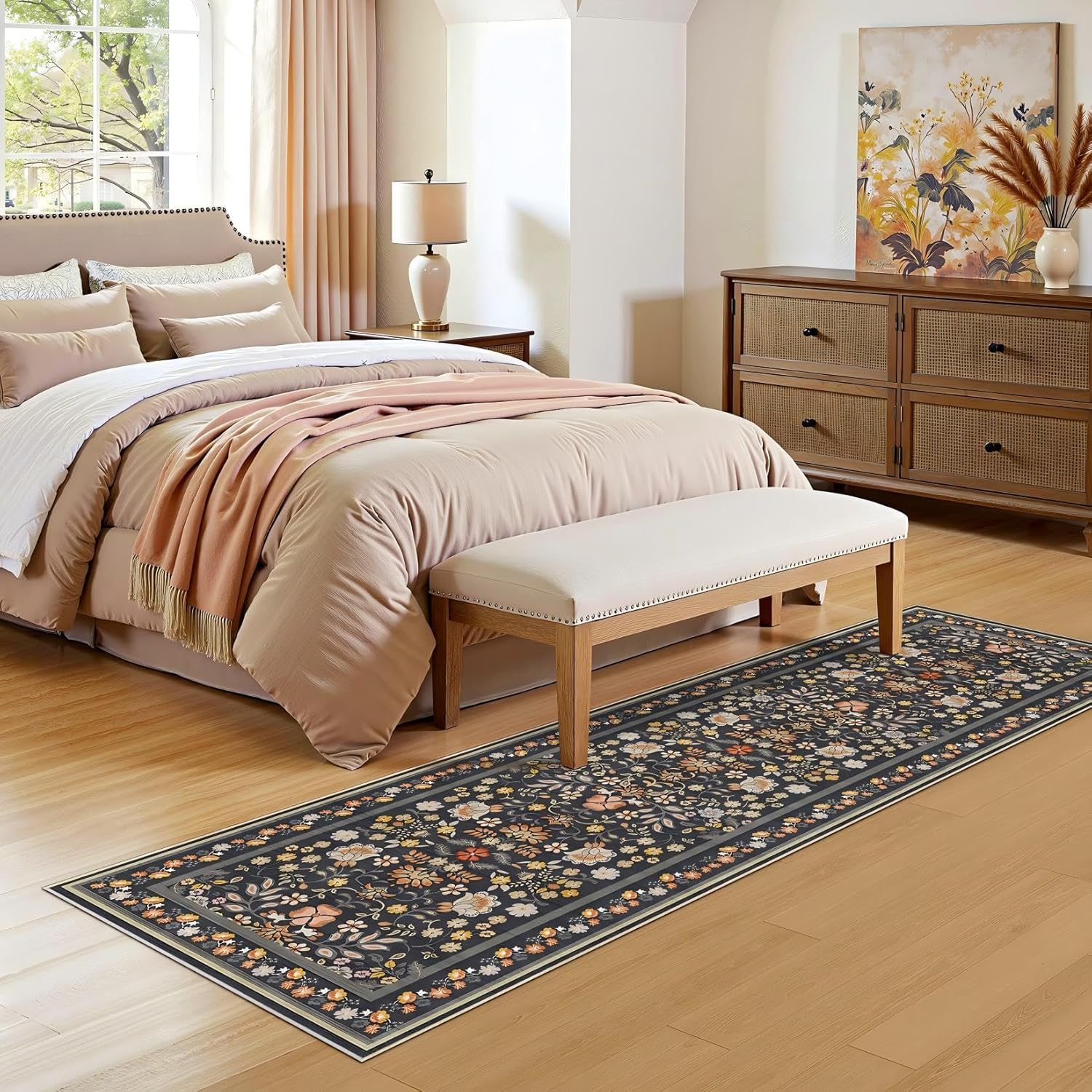 UERMEI Runner Rug for Hallways Kitchen: 2x6 Washable Area Rug Boho Floral Soft Long Rug - Non-Slip Low Pile Throw Indoor Carpet for Entryway Kitchen Bedroom Laundry Bathroom - Black Grey