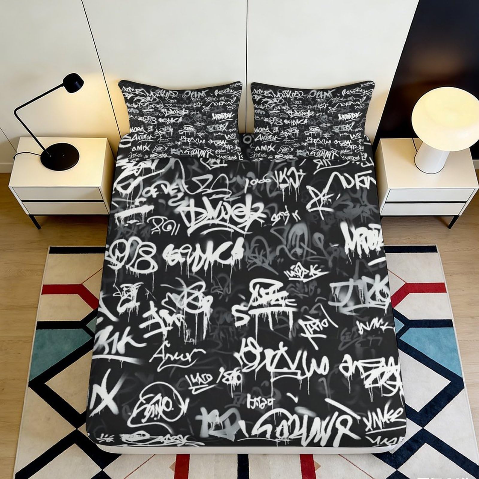 3D Printed Graffiti Style Fitted Sheet Microfiber Durable Breathable Urban Art Bed Cover for Bedroom Dormitory Guest Room Mattress Protection 140x200x25cm