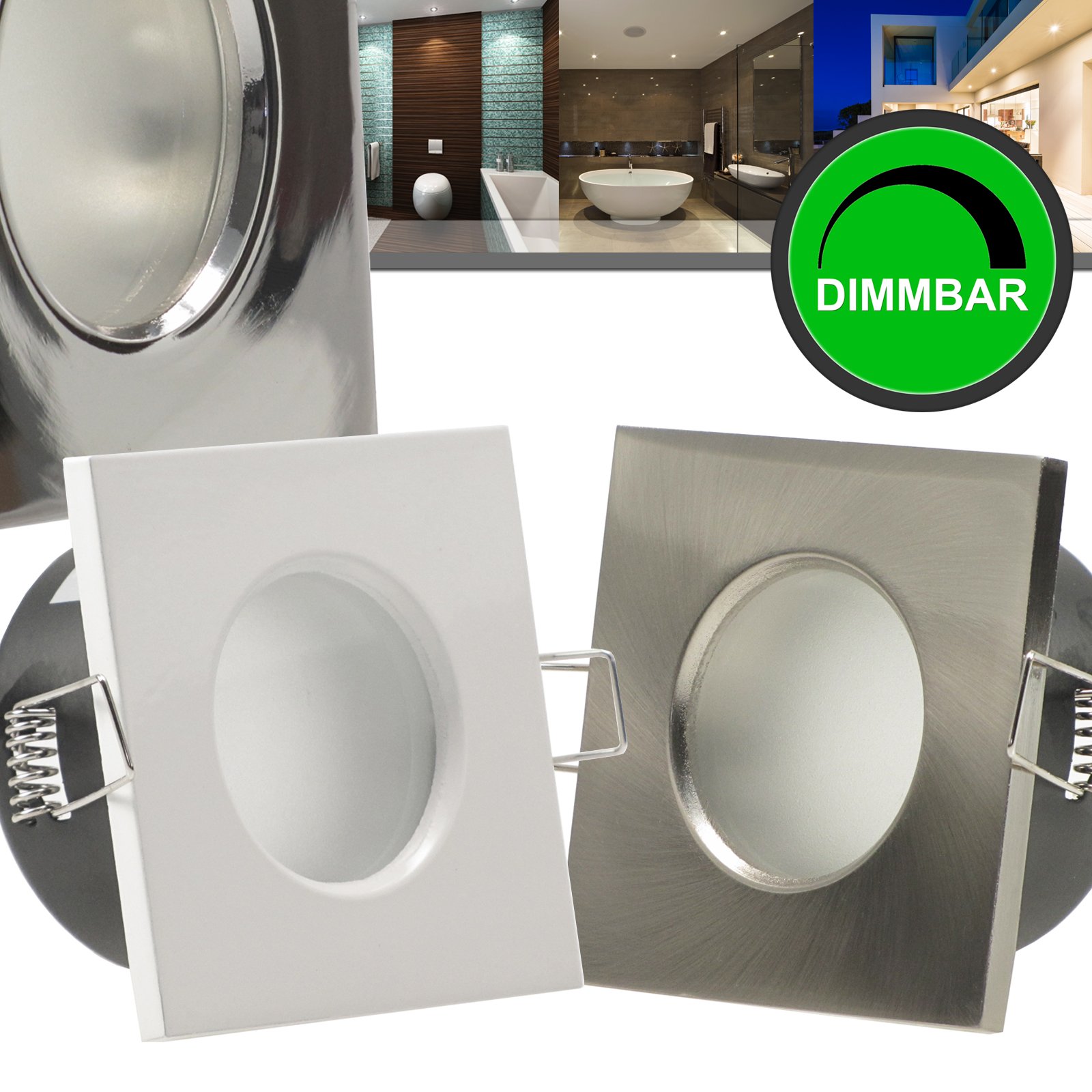 trendlights24 AQB LED Einbaustrahler Bad IP65 230V GU10 7W dimmbar 4er Set | Edelstahl Optik, eckig, LED Spots, Warmweiß, 3000k, austauschbar, Decken Einbauleuchte, Feuchtraum, Dusche, innen, außen