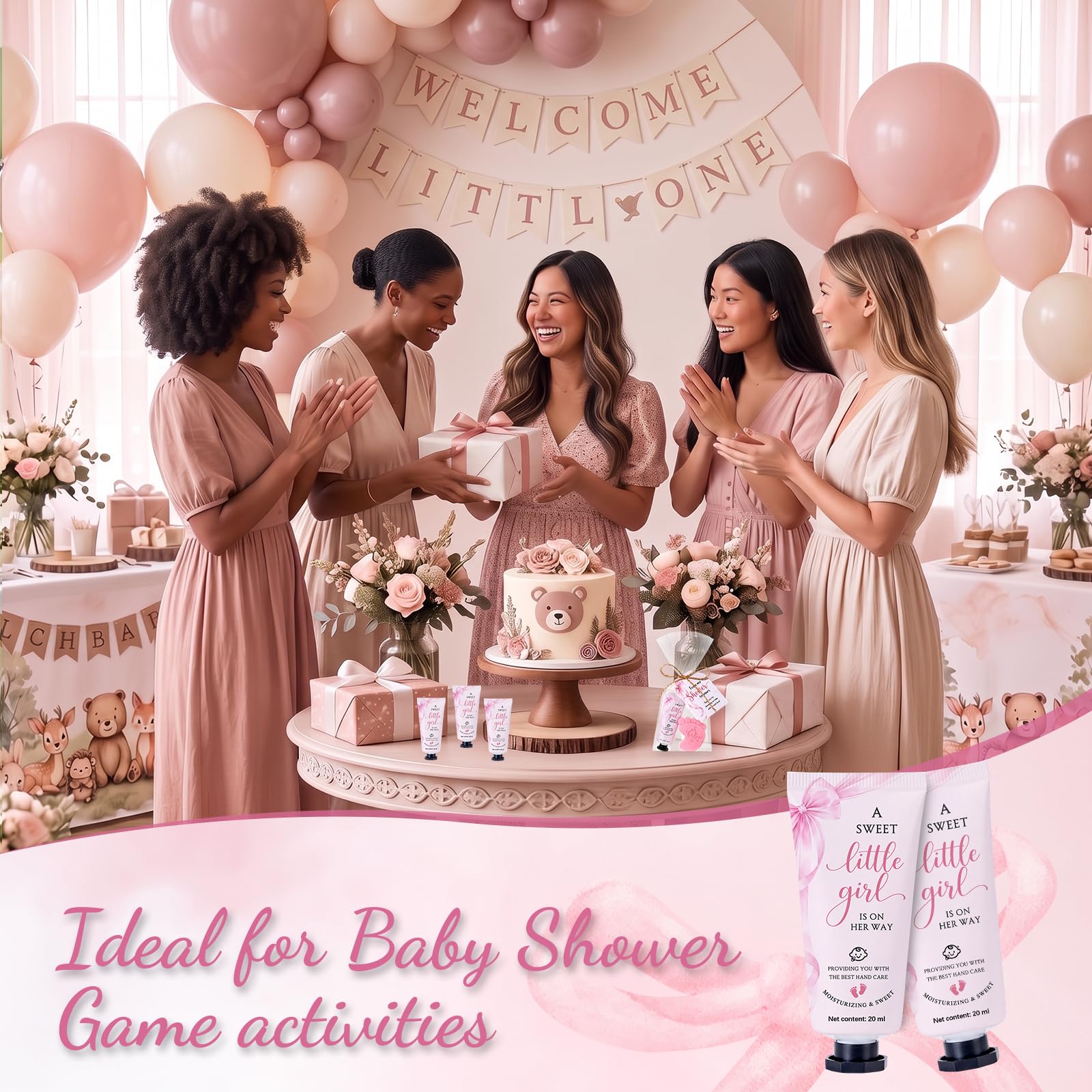 25 juegos de recuerdos de baby shower con lazo rosa para invitados, kit de crema de manos perfumada y jabón de huellas con tarjetas, bolsas de regalo transparentes y cordel para regalos de