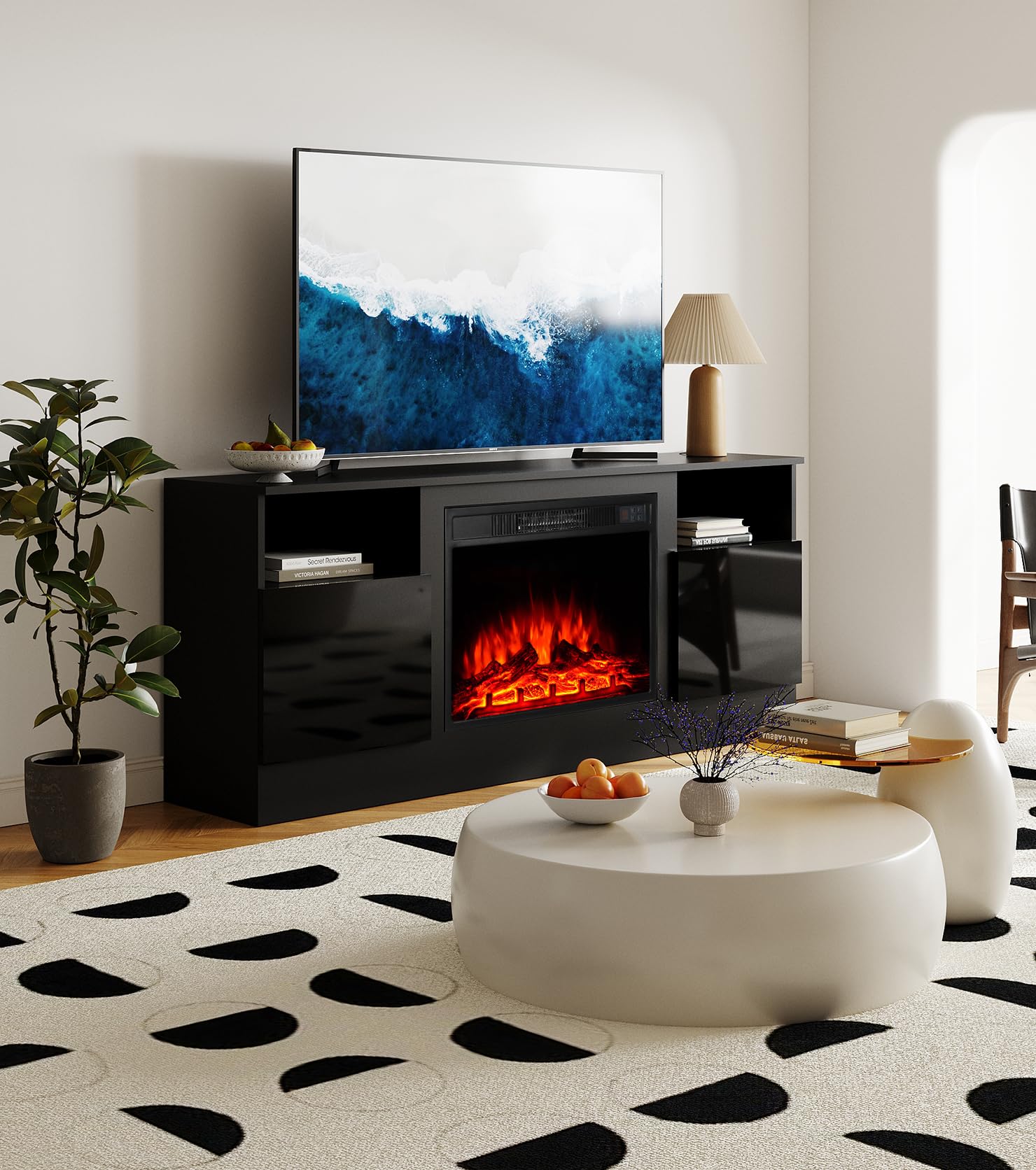 M.C.Haus Chimenea Eléctrica con Soporte de TV, para TV de hasta 143.9cm*80cm,Entretenimiento en Textura de Madera con Luz LED, Mueble de Realce y Frente de Cristal, 147.3cm,Negro