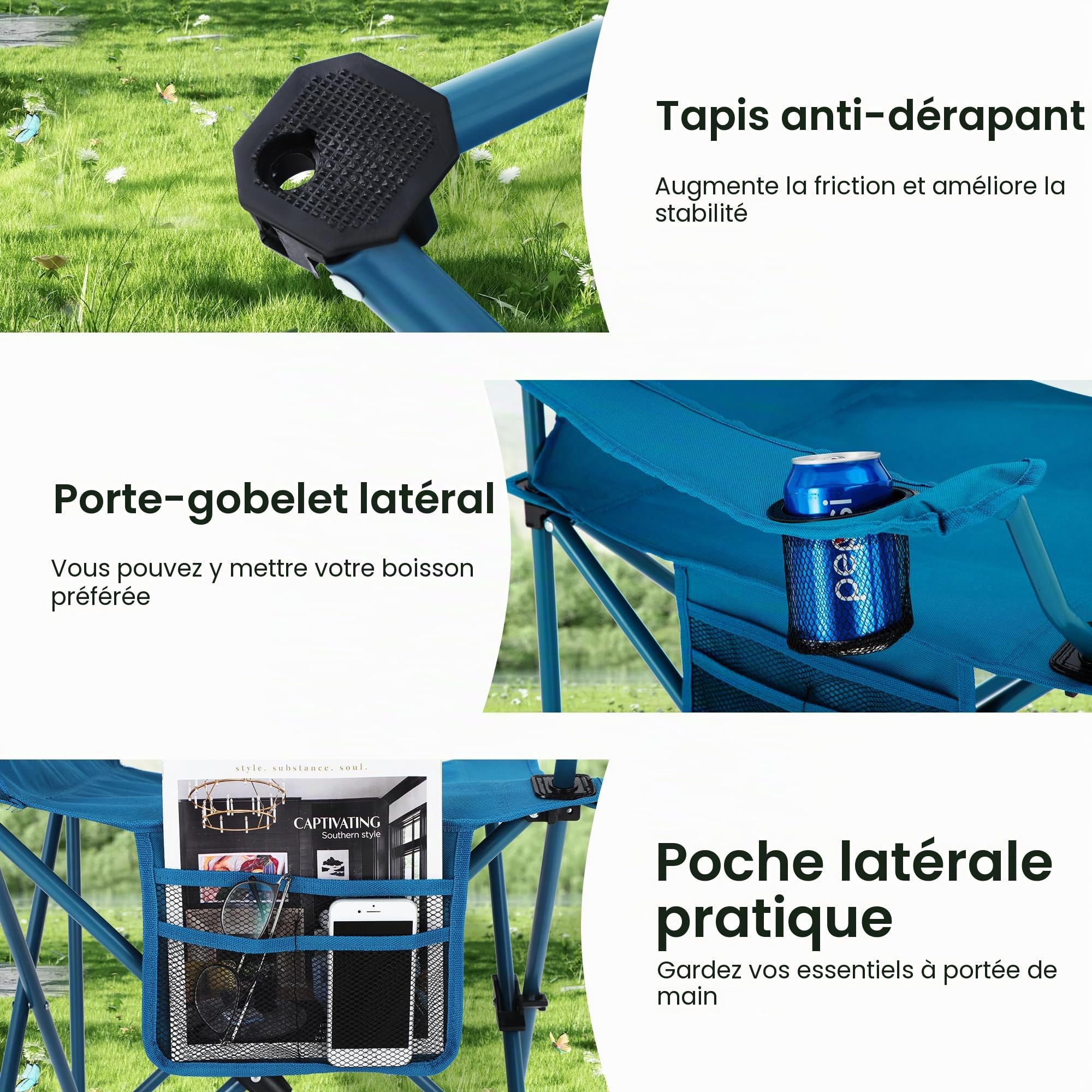 HIGH POINT SPORTS Lot de 2 Chaises de Camping Pliables Jusqu'à 102 kg Chaise Pliante Exterieur Fauteuil Camping Interieur avec Porte-Gobelets et Accoudoirs (2pcs Bleu)