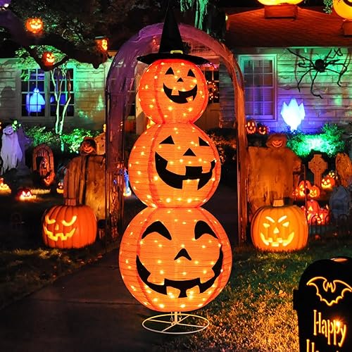HOMGX - Decoraciones de calabaza de Halloween de 5 pies con 180 LED, calabaza iluminada preiluminada para exteriores con sombrero de bruja, calabaza