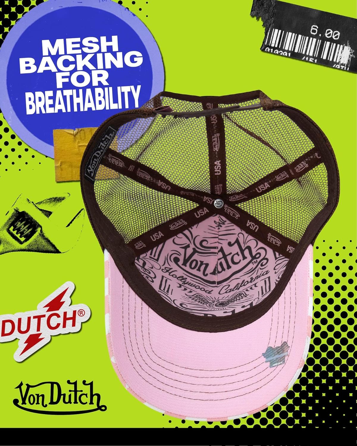 Von Dutch Monogram Trucker Cap - Retro Snapback Cap for Men and Women - Adjustable Snap Fit Panel, Mesh Rear, Curved Bill