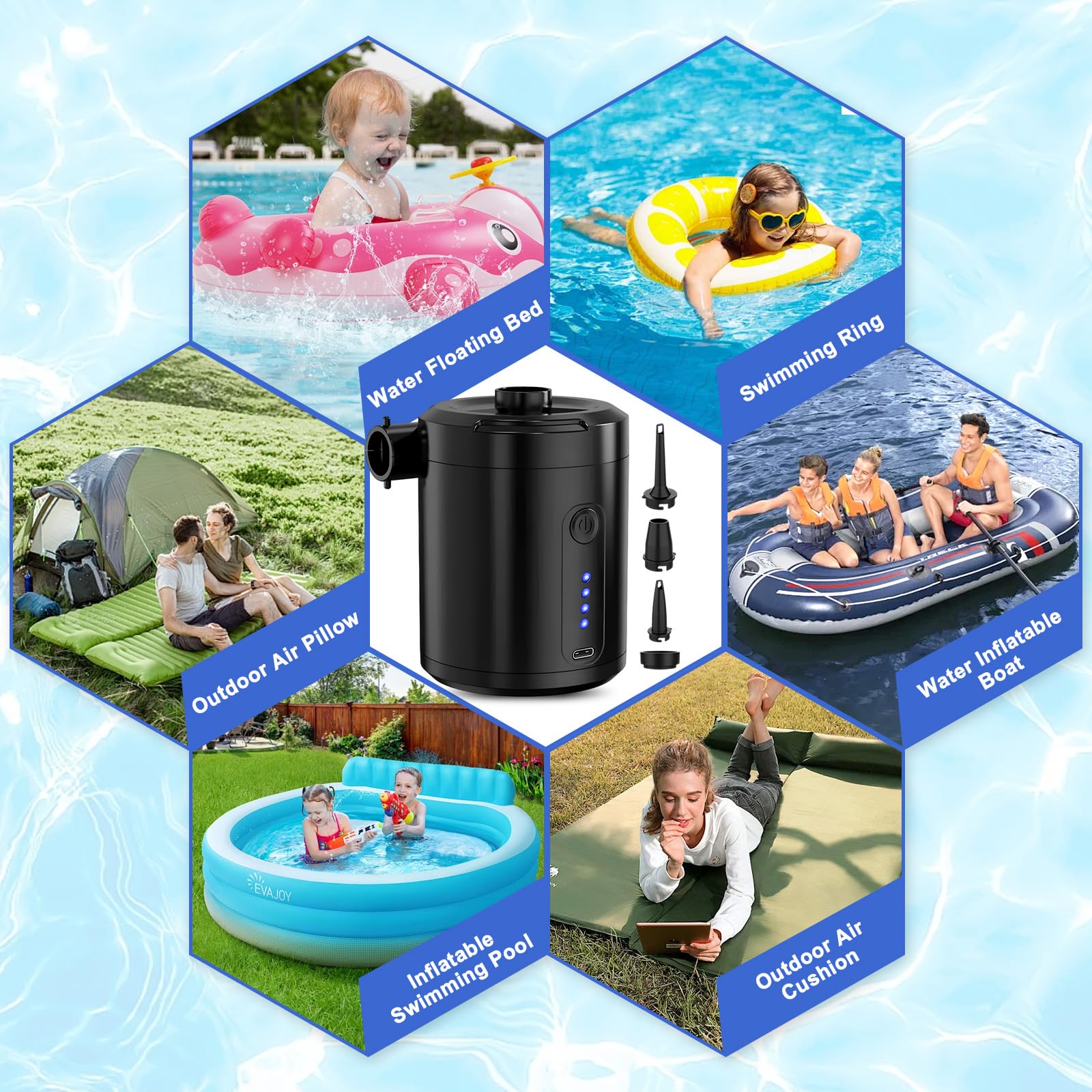 Pompa Elettrica Portatile per Materasso Gonfiabile con 4 Ugelli, Gonfiatore Elettrico 5200mAh per Gonfiare Sgonfiare, Pompa Aria Riempimento Essere Rapido per Materassino Campeggio, Piscina Gonfiaggio