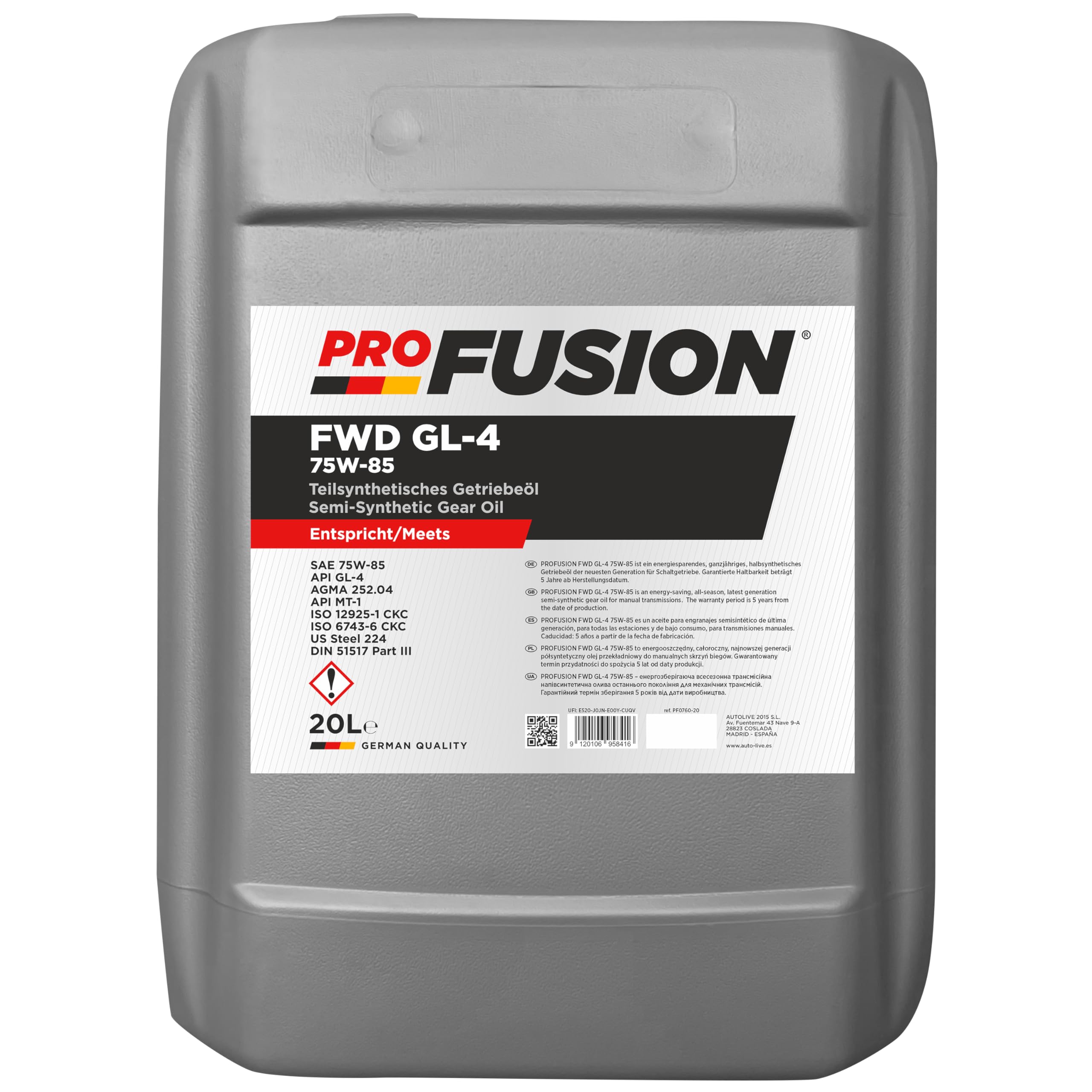 ProFusion 75W-85 60L (Pack de 3 x 20L) – Aceite de Transmisión Semisintético para Cajas Manuales y Mandos Finales – Ahorro Energético, Protección Antidesgaste y Larga Duración – API GL-4/MT-1