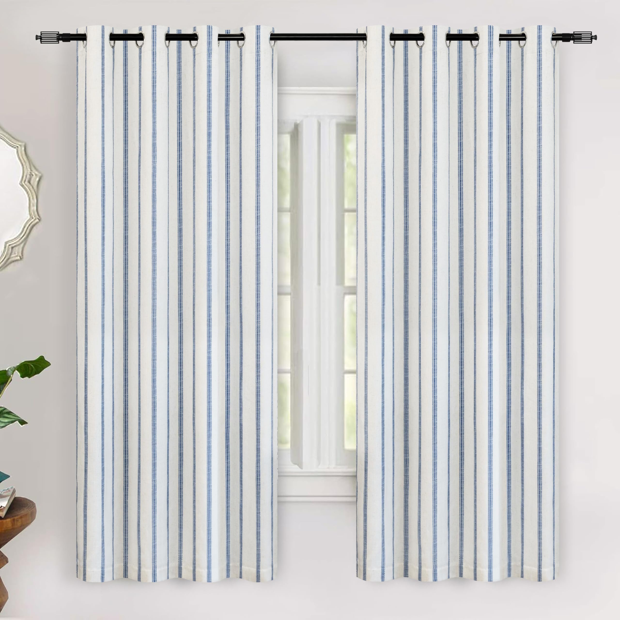 DriftAway Farmhouse Linen Blend Blackout Curtains 63 Inches Long for Bedroom Vertical Striped Printed Linen Curtains Thermal Insulated Lined Treatments for Living Room 2 Panels W52 x L63 Navy