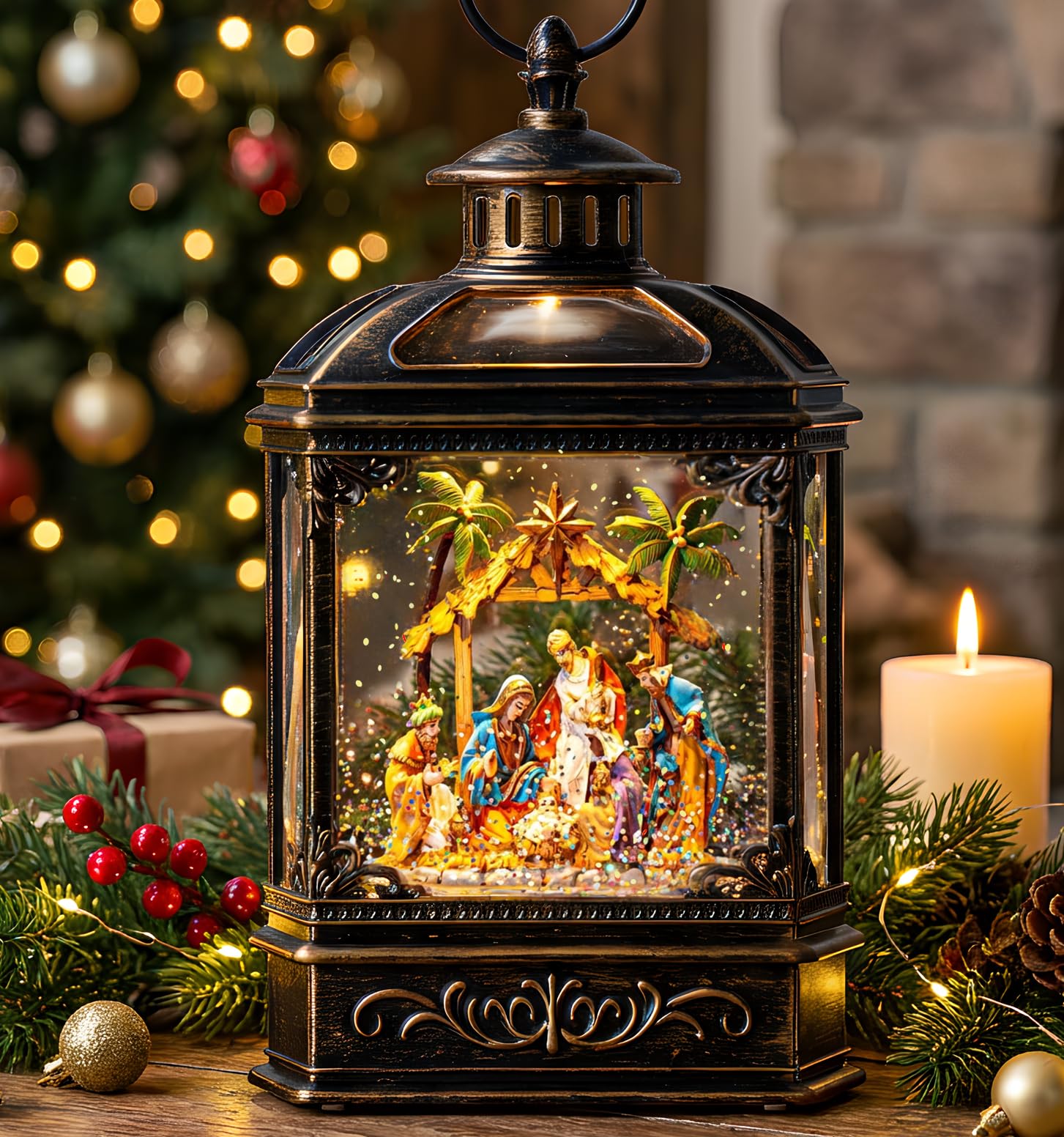 Christmas Snow Globe Swirling Glittering Nativity Scene with Music, USB Lined/Battery Operated Lighted Water Lantern for Christmas Festival Decoration Gifts