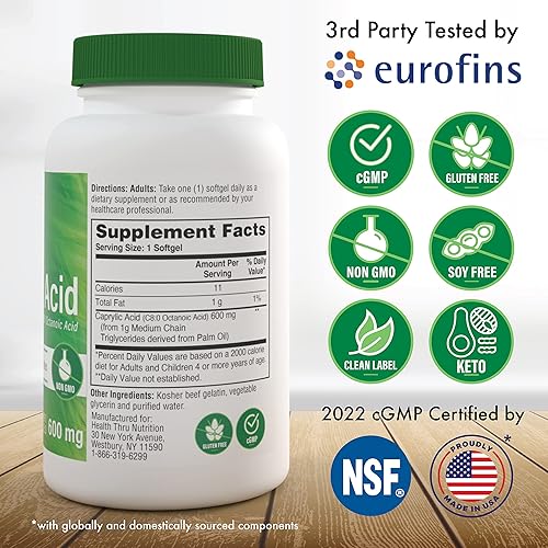 Miniatura 2 de Health Thru Nutrition Ácido caprílico de 600 mg (como ácido octanoico C8) de aceite MCT puro de 0.04 oz  Sin OMG y sin soja  Apoya la salud