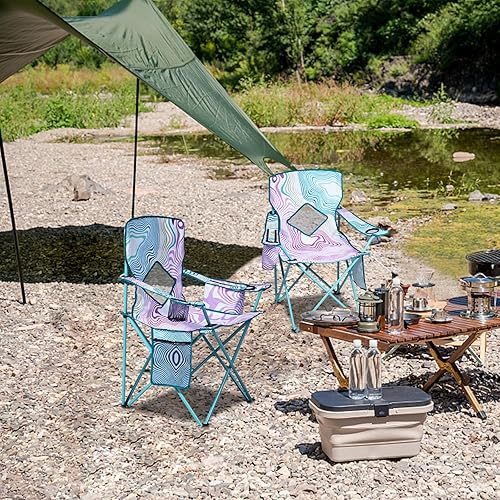 Miniatura 5 de Nazhura Paquete de 2 sillas plegables de camping con bolsa refrigeradora, respaldo de malla y bolsillo para portavasos (flor, paquete de 2)