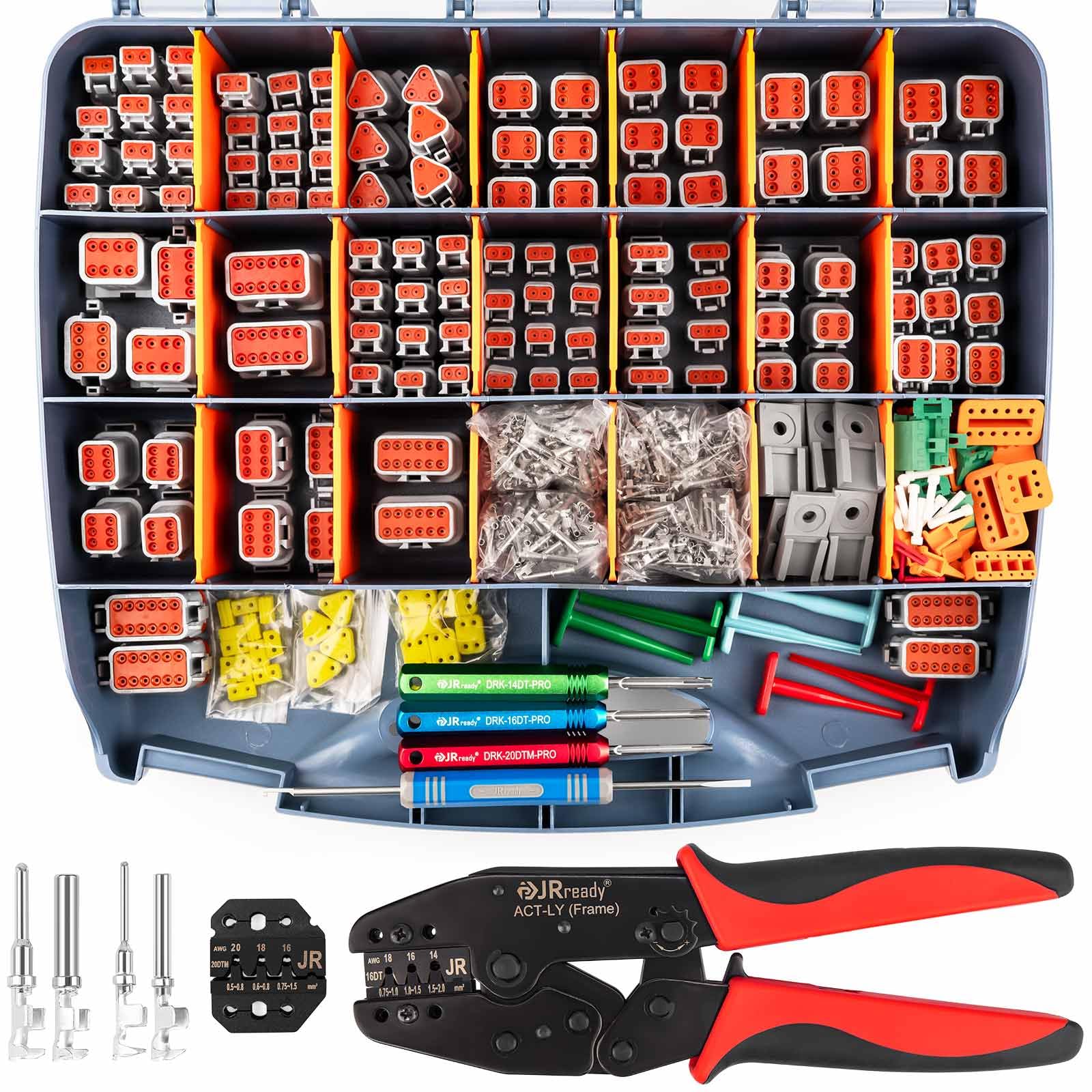 JRready ST6436 DT DTM Deutsch Connector Kit, 2 3 4 6 8 12 Pin Connector, ACT-LY Deutsch Crimp Tool, Size 16 20 Stamped Pins for 14-22AWG, 14AWG Yellow Seals and Removal Tools, DT DTM 60 pairs